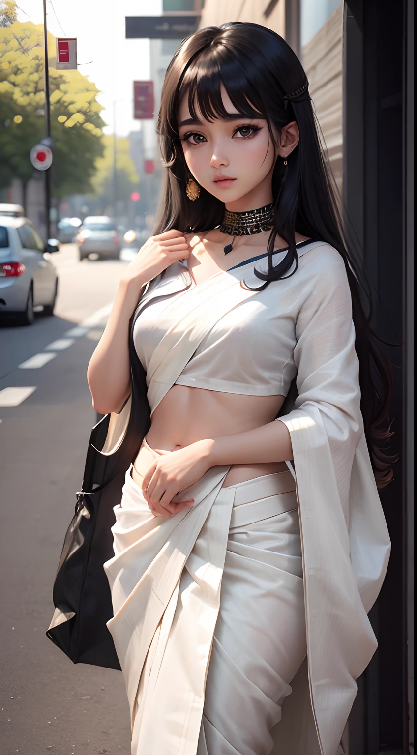 Cute anime girl, white traditional saree, open black hair, ultra realistic, 8k,