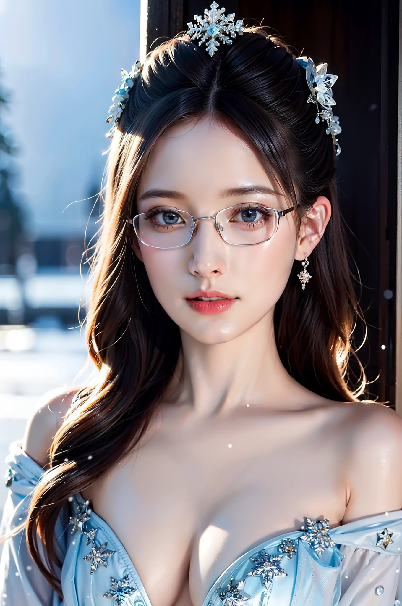(best quality,4k,8k,highres,masterpiece:1.2),ultra-detailed,(realistic,photorealistic,photo-realistic:1.37),snow queen,beautiful detailed eyes,beautiful detailed lips,extremely detailed eyes and face,long eyelashes,snow-covered palace,winter wonderland,crown of ice,sparkling snowflakes,ethereal beauty,snowflakes swirling around,snow-covered trees,gorgeous snow queen,glowing ice shards,powdery snow,snowflakes glistening in the sunlight,majestic and graceful presence,snow-capped mountains,icy breath,hint of blue and silver in the color scheme,dramatic lighting,soft snow falling,queen's regal gown,subtle shades of white and blue,icy palace walls,crystal-like skin,icy blue eyes, ultra-realistic, photorealistic, photograph, photogenic, bokeh, cleavage, bare shoulders, concentrated expression, realistic big breasts, reading glasses.