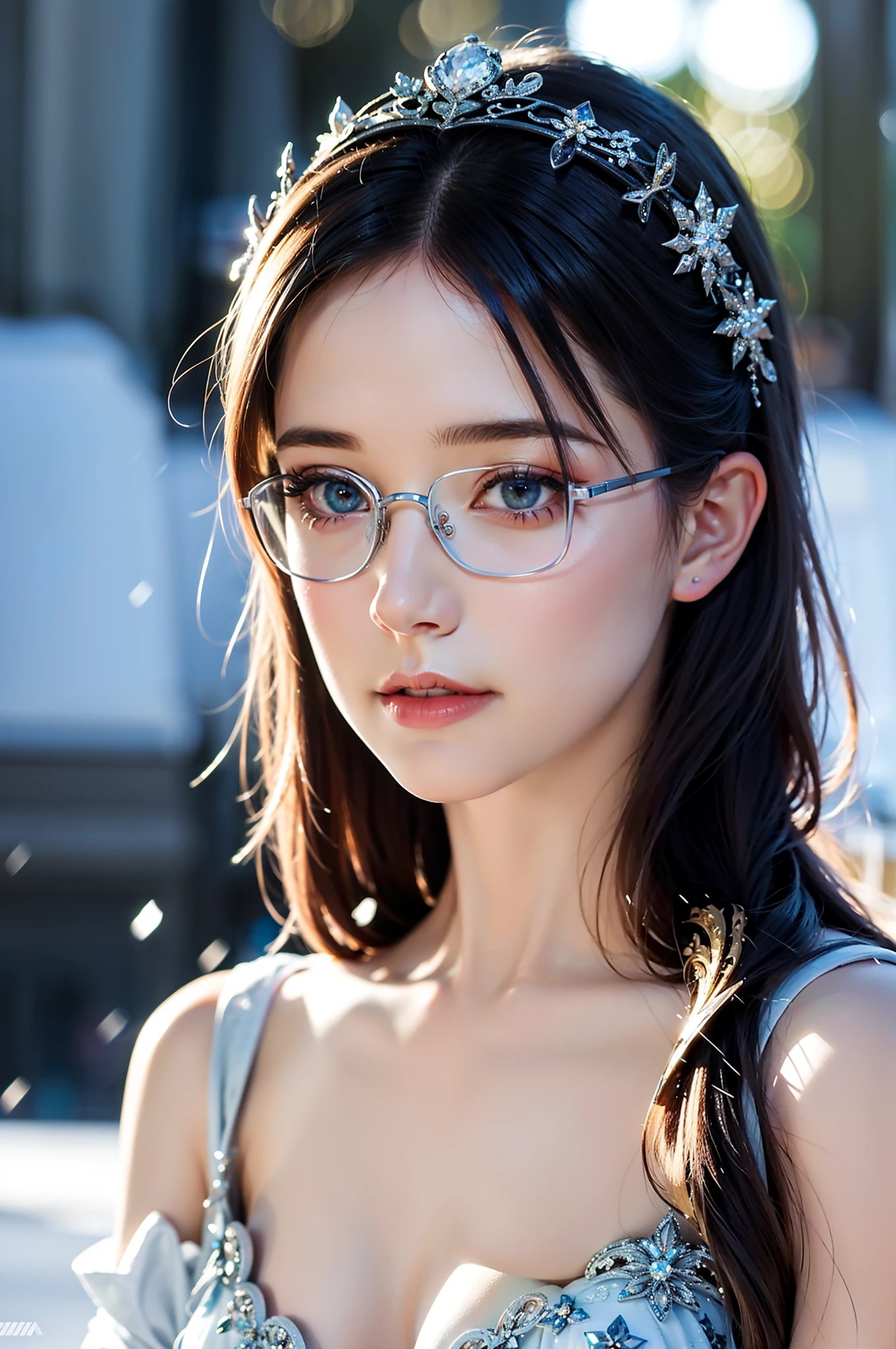 (best quality,4k,8k,highres,masterpiece:1.2),ultra-detailed,(realistic,photorealistic,photo-realistic:1.37),snow queen,beautiful detailed eyes,beautiful detailed lips,extremely detailed eyes and face,long eyelashes,snow-covered palace,winter wonderland,crown of ice,sparkling snowflakes,ethereal beauty,snowflakes swirling around,snow-covered trees,gorgeous snow queen,glowing ice shards,powdery snow,snowflakes glistening in the sunlight,majestic and graceful presence,snow-capped mountains,icy breath,hint of blue and silver in the color scheme,dramatic lighting,soft snow falling,queen's regal gown,subtle shades of white and blue,icy palace walls,crystal-like skin,icy blue eyes, ultra-realistic, photorealistic, photograph, photogenic, bokeh, cleavage, bare shoulders, concentrated expression, realistic big breasts, reading glasses.