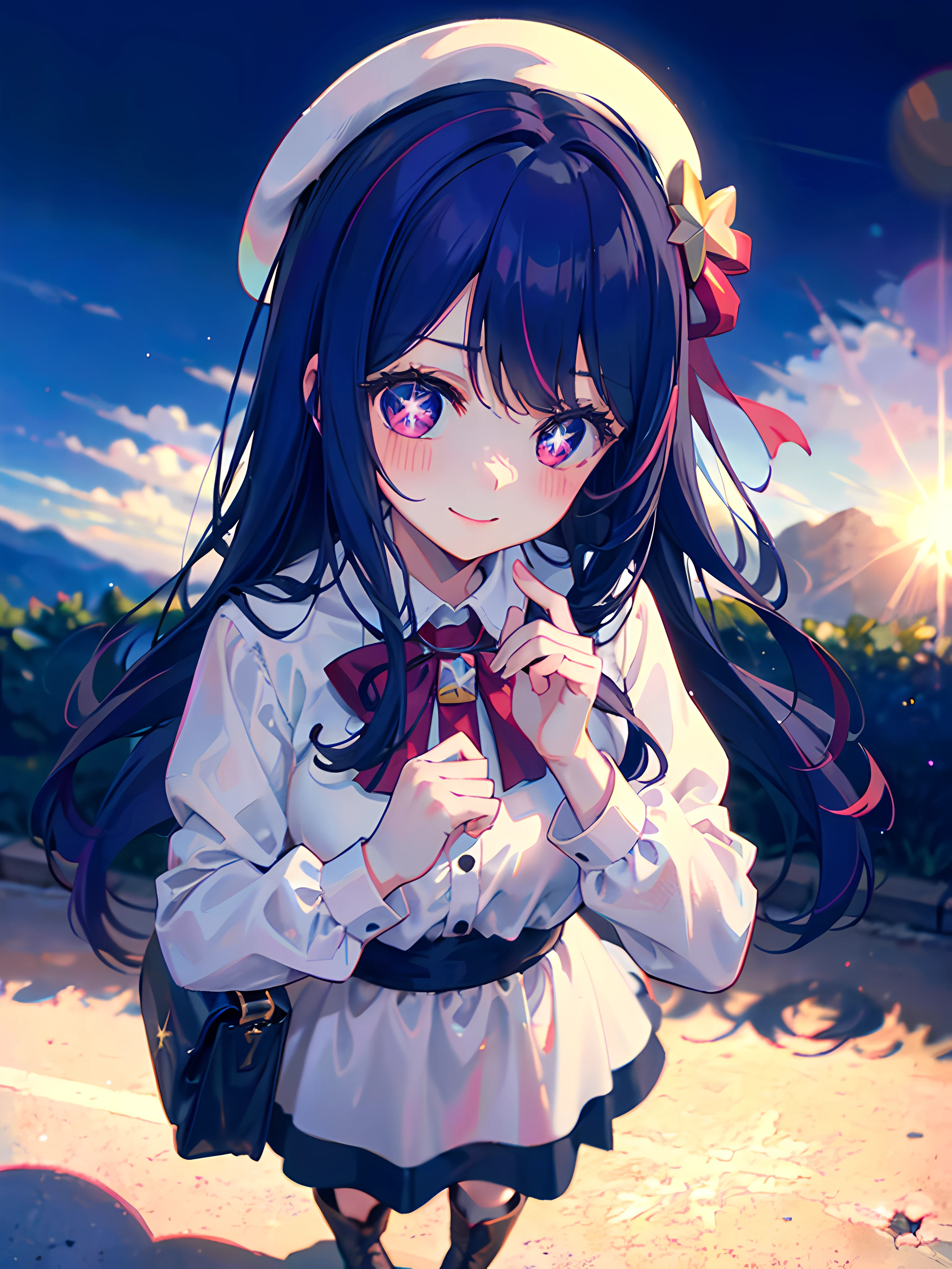 1 girl,(Ai Hoshino, Long hair, Purple hair, Striped hair ,Purple eyes, Star-shaped pupils, hair adornments) ,(Masterpiece, Best quality), (fine detailed beautiful eyes), (finely detailed eyes and detailed face), (scenery), (Extremely detailed CG, Ultra-detailed, Best shadow), Beautiful concept illustration, (illustration), (Extremely fine and beautiful), (Perfect details), Sitting, 1 cute girl, Solo, Smile, Nice hat, Nice dress, Collared shirt, Black boots, Long sleeves, White headwear, Nice bag, beret, Blush, Outdoors, (Depth of field), Blurry, blurryforeground, Bokeh, danmaku, Depth of field, Lens flare, Sparkle, star flash,