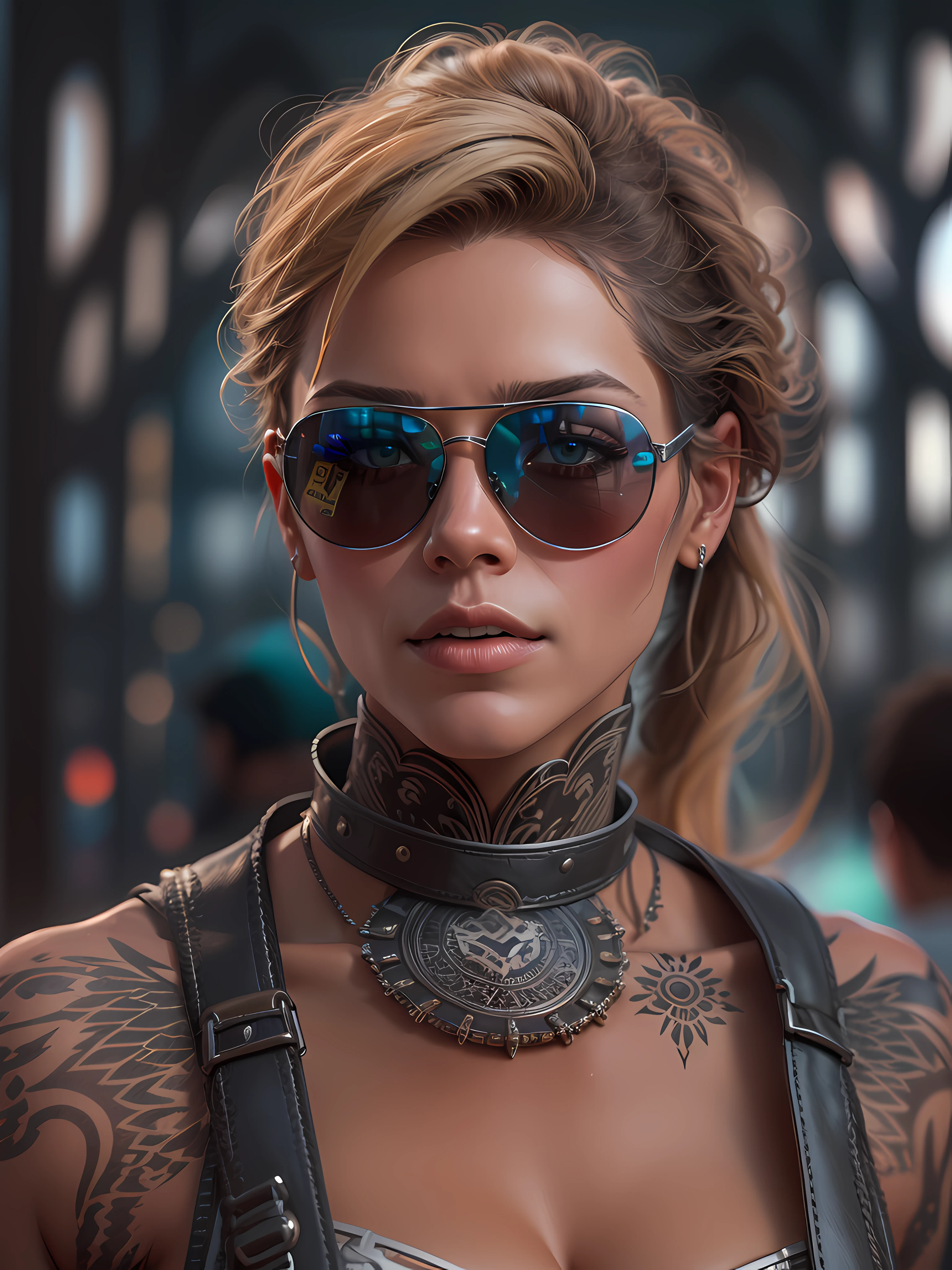a hyper realistic ultra detailed photograph of a futuristic beautiful barbarian woman wearing sunglasses at a dystopian city, tattered outfit with rusty metal armor plates, long wild hair, tattooed hands and body, fashion pose, detailed symmetric beautiful hazel eyes, detailed gorgeous face, apocalyptic environment, exquisite detail