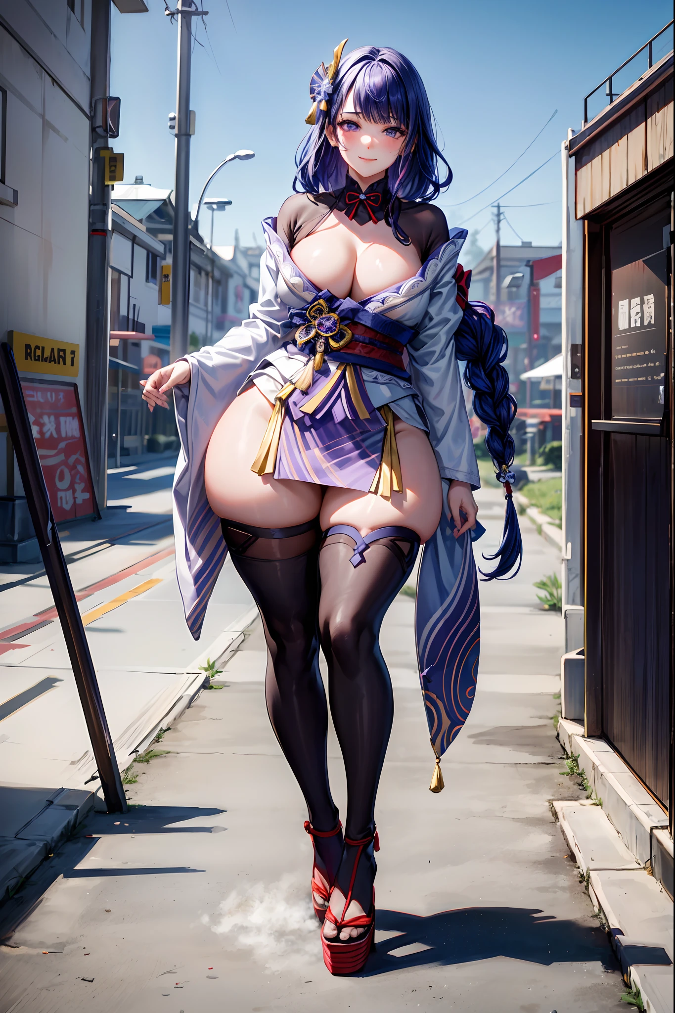 (8k, RAW photo, best quality, masterpiece:1.2), (realistic, photo-realistic:1.37), (full body:1.3) (detailed), (highres), ultra realistic, hyperrealistic, high detail RAW color photo of a 20 y.o women, young female,(pureerosface_v1),beautiful face, (high detailed face),looking at viewer, perfect face, young, detailed hair ,cleavage, perfect breast,professional lighting, photon mapping, radiosity, physically-based rendering, ultra-detailed, extremely detailed, beautiful detailed girl, extremely detailed eyes and face, cinematic lighting, perfect fingers, perfect hands, perfect legs, cinematic lighting, extreme details, realistic skin, show belly, high heels,1girl,(race queen),(large breasts:1.6),(thick thighs:1.4),clothing cutout,open crop top jacket,covered nipple,bikini,underboob, (skirt:1.3), outdoors,((Formula One)),dynamic pose,steaming body, (shiny skin),(smiling:1.1), blush, torogao, , embarrassed, drunk, naughty face,(,raidenshogundef:1.4), ,cowboy shot