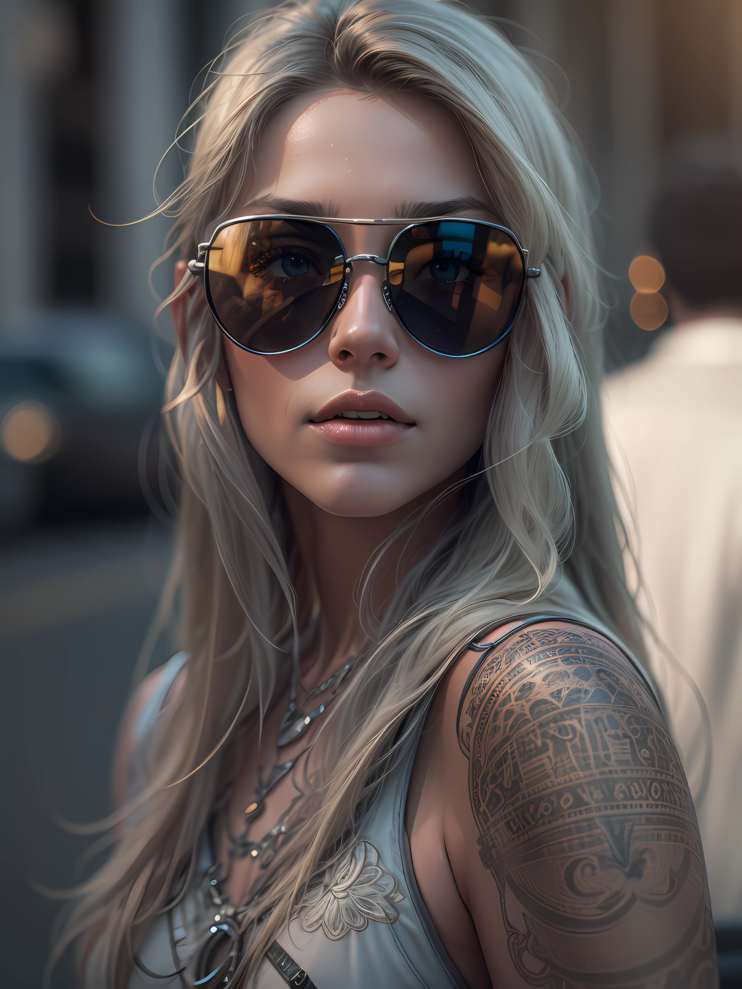 A very realistic and very detailed picture of a beautiful German woman wearing sunglasses in the future city of Berlin , The outfit engraved with German shield plates , long hair, Hand and body tattoos, Fashion pose, Beautiful hazel eyes symmetrical detailed, detailed gorgeous face, Advanced German Environment , Integration of German civilization with futuristic nanotechnology , outstanding detail, 30 MP, 4k, كاميرا كانون EOS 5D Mark IV الرقمية SLR, 85mm lens, sharp focus, intricately detailed, Long exposure time, f/8, ISO 100, shutter speed 1/125, Diffused backlight, ((award winning photograph)) , facing camera, looking into the camera, Monovision, Perfect contrast, high sharpness, facial symmetry, Depth-of-field, ultra-detailed photography, Raitsar, global illumination, Tanvertamim, downy, Ultra-High Definition, 8k, unreal engine 5, Ultra-sharp focus, award-winning photograph, trending on Artstation