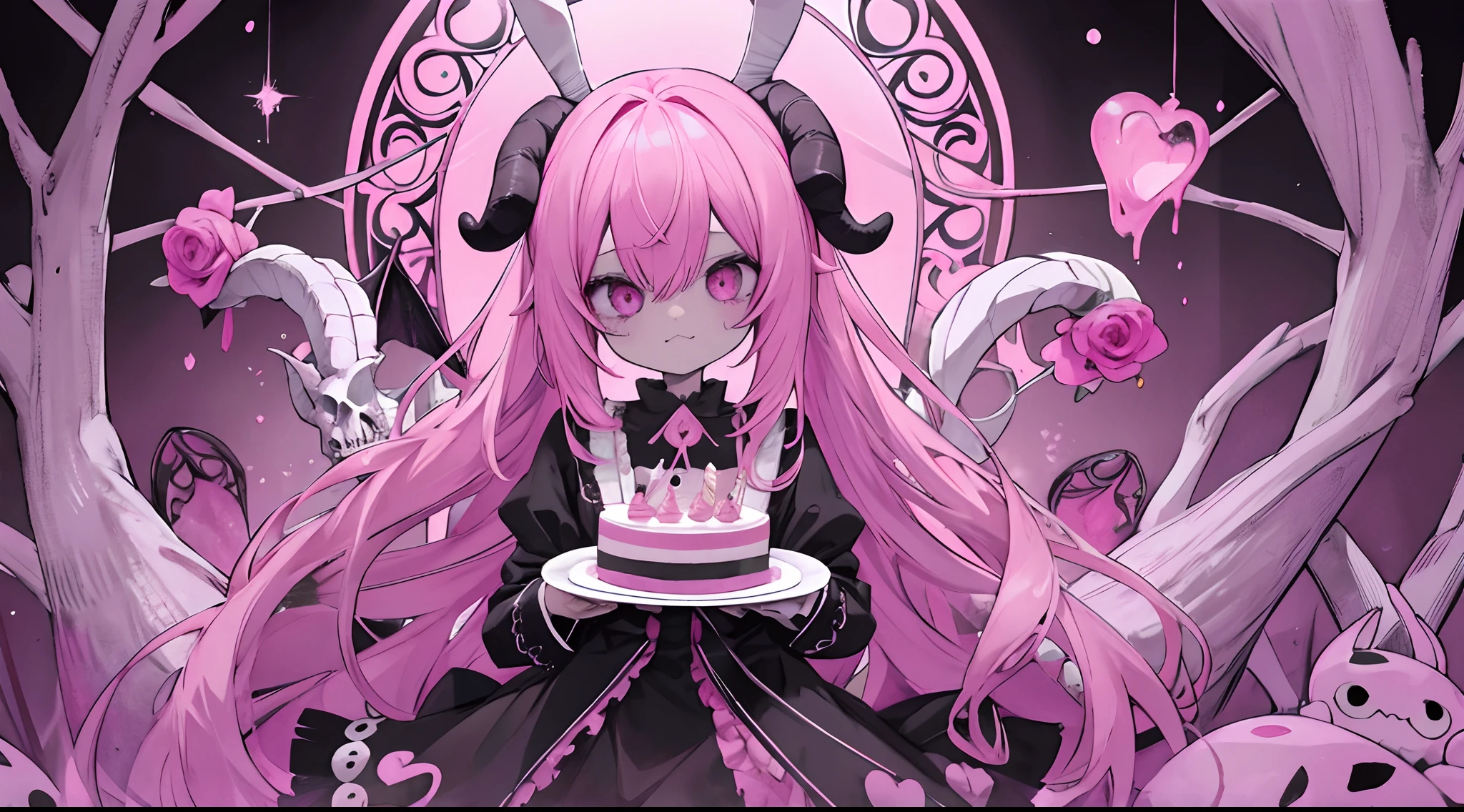 official art, unity 8k wallpaper, ultra detailed, beautiful and aesthetic, High quality, beautiful, masterpiece, best quality, (zentangle, mandala, tangle, entangle:0.6), flat color, limited palette, low contrast, a cute girl serving cake to demons, pink and black, bright pastel colors, kawaii, (horror), eerie, rabbit skull, goat skull, in hell, creepy, demons, claws, best lighting