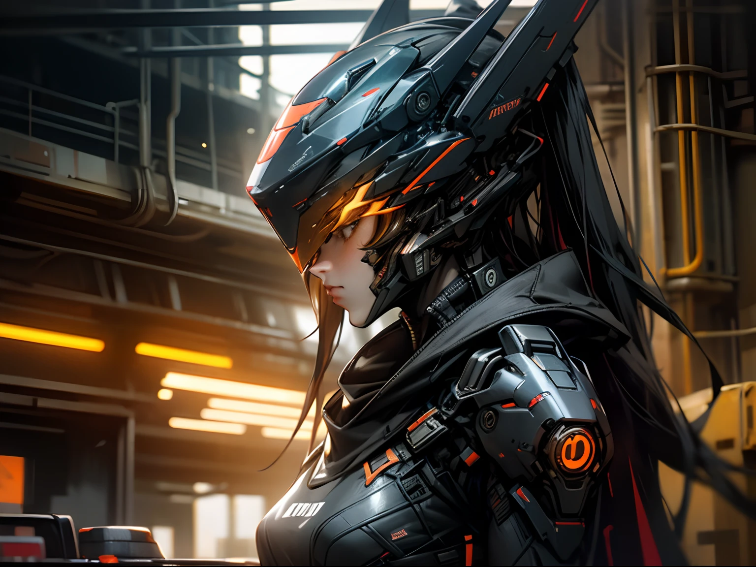 Black Glossy Suit, Female, Cyberpunk, Futuristic, Orange Lights, Black Helmet