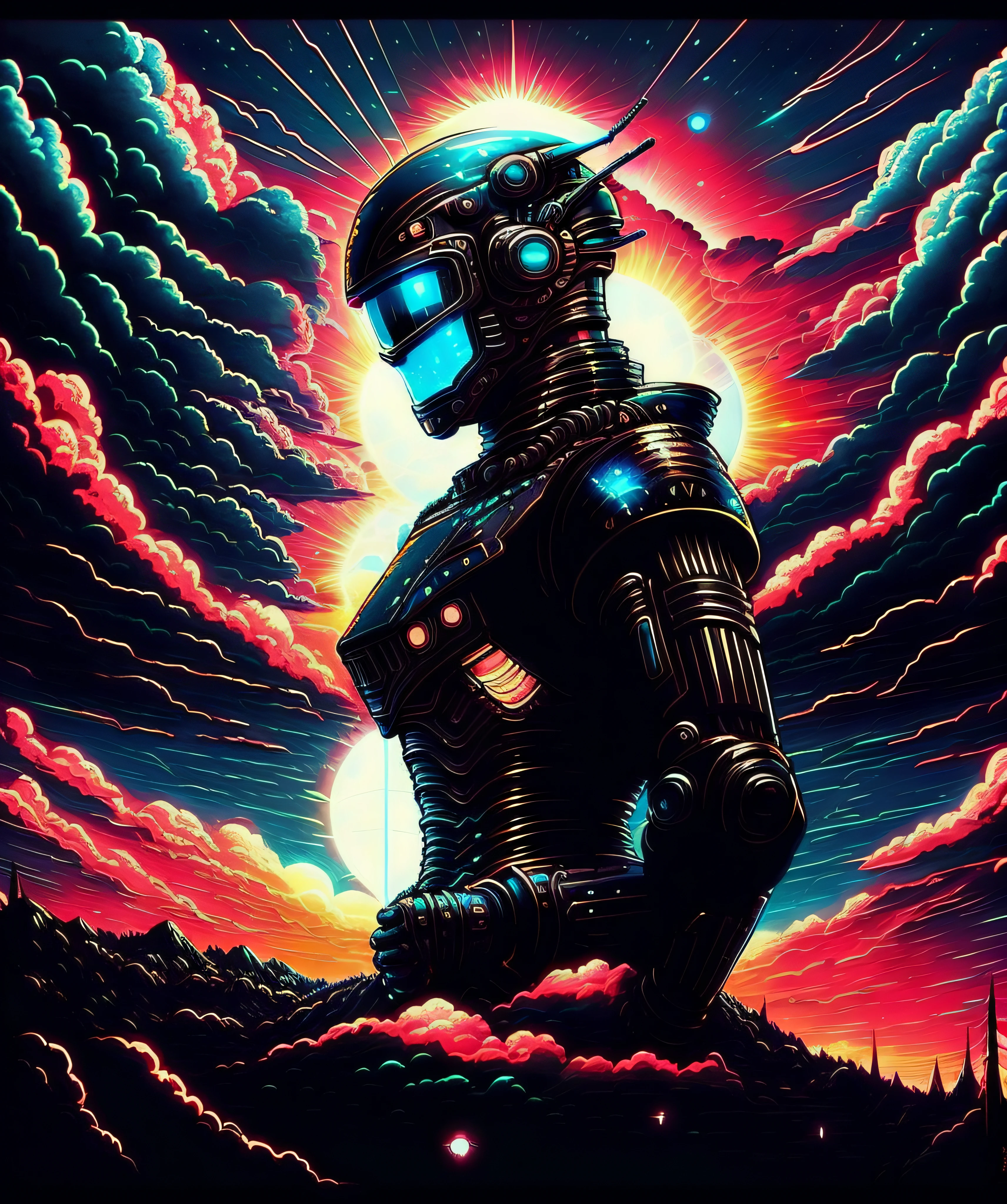 The sky background of the solar eclipse, robot looking up, black windbreaker, black mecha,