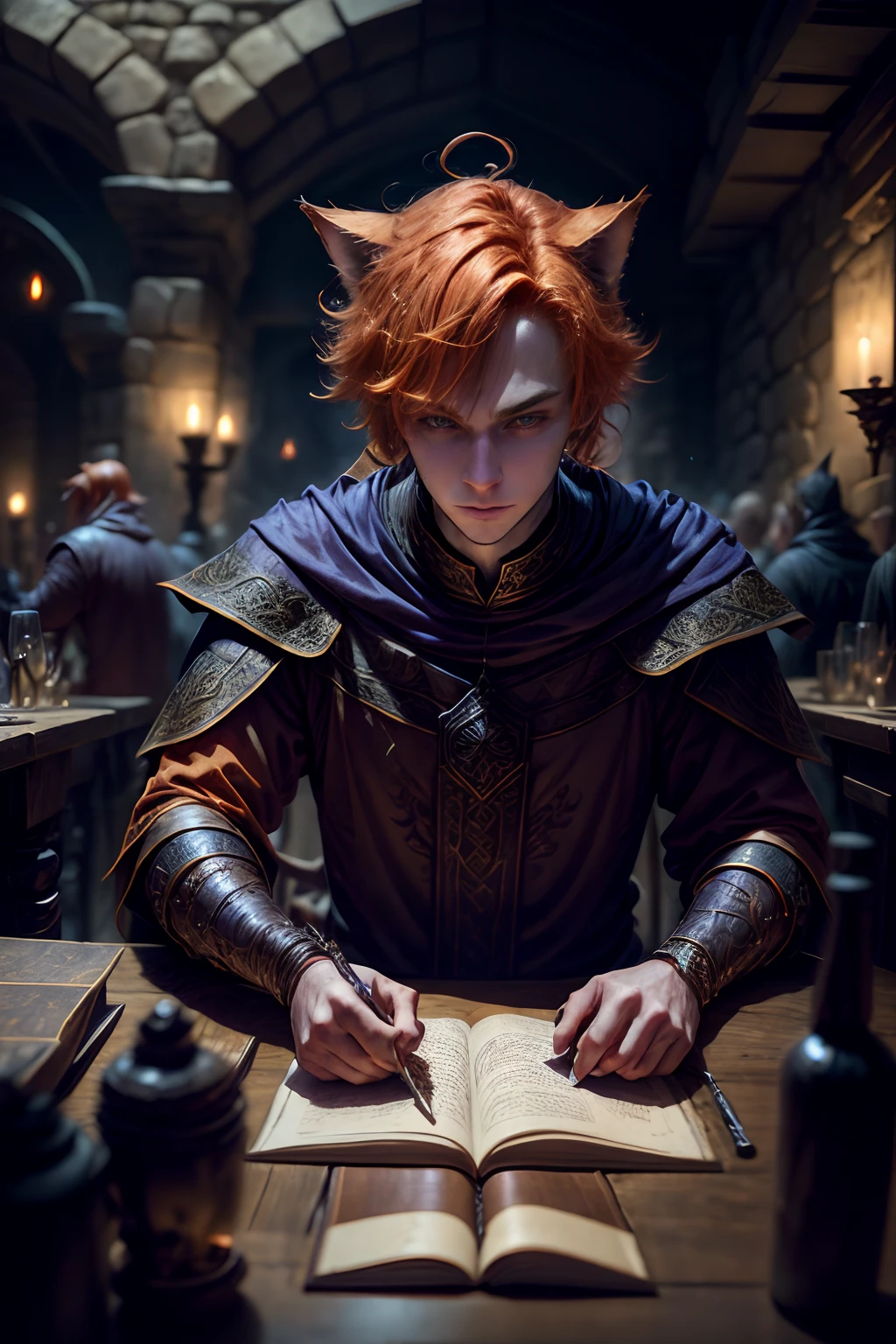 A Masterpiece Fantasy World, Orange Hair Cat man Healer, at a medieval tabern, Perfect Face, Perfect body, Perfect cat ears, Cinematic, Dark fantasy, Vibrant, HD