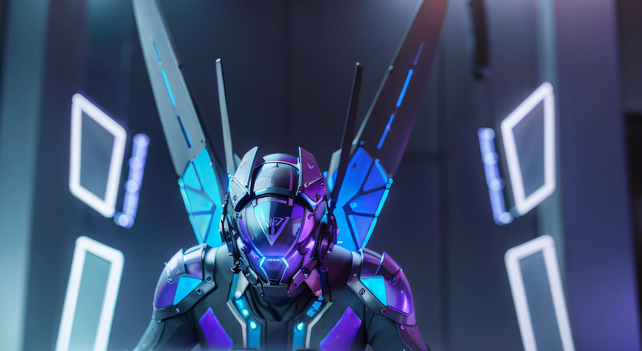 MALE. MAN. MAN. MALE..wings leds, divine paradise. neon blue and Purple butterfly wings leds. heavenly illumination. God. Holy robotic. levitating. Position of god. Deitado na cama. strong, robust and masculine body. fat arms. Position of divinity. Floating. divine statue, pedestal, holy pedestal. levitating. masterpiece, best quality, a close up of a futuristic looking cyborg man with a fantastic cyber helmet head with blue and Purple triangle led lights and a halo, full body, dancing. dance. synthwave ballad. silver pants. wearing a blue and Purple techwear jacket, white church in background. jump, full body, robotic legs. divine statue, pedestal, holy pedestal. neon blue and Purple butterfly wings leds. MASCULINE. MALE MASCULINE. Boy Muscular