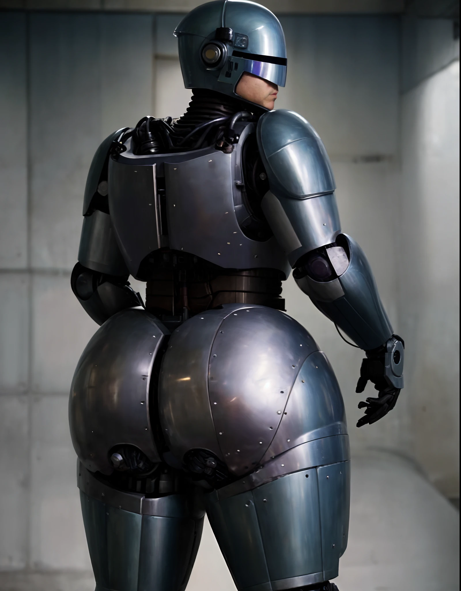 photo of a robocop in a suit with a helmet on, thicc, wears a suit of power armor, cybersuit, robocop, thicc build, oppai cyberpunk, cybersuits, thick armor, dominatrix robot, insanely inflated hips, cyber suit, pregnant female cyborg, robot suit, mech body, covered in full metal armor