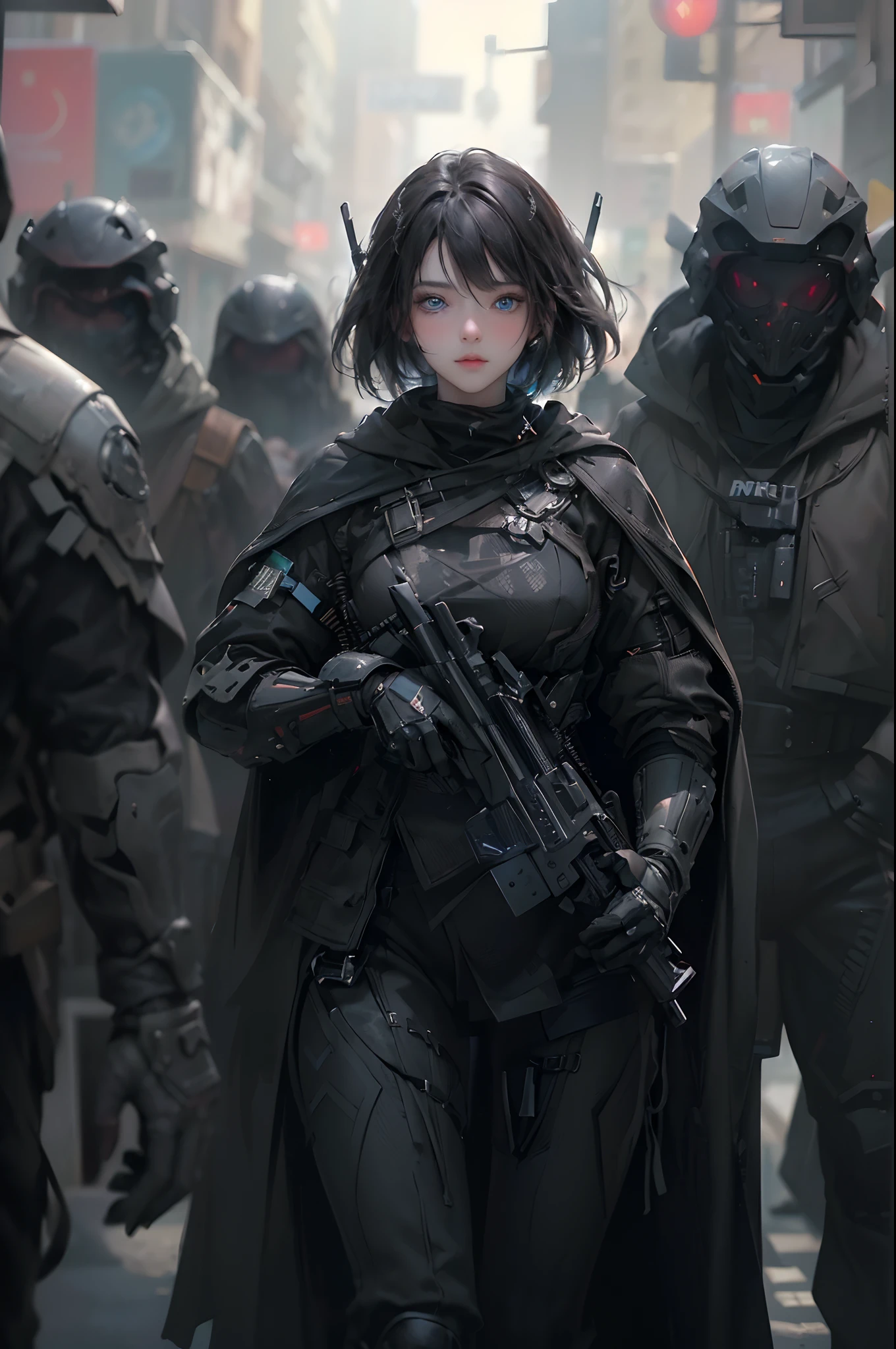 ((top-quality)), (((masterpiece)), (detaileds: 1.4), 3D, Beautiful Cyberpunk Woman Image, bob cuts, Broken black tights, leather clothes, Electromechanical, nffsw(HighDynamicRange), Ray traching, NVIDIA RTX, Hyper-Resolution, Unreal 5, Sub-surface scattering, PBR Texture, Postprocess, Anisotropy Filtering, depth of fields, Maximum sharpness and acutance, Multilayer Texture, Albedo and Highlight Maps, Surface Coloring, Accurate simulation of light-material interactions, perfectly proportions、octane renderings、two tone lighting、Large aperture、Low ISO、White Balance、thirds rule、8K Raw、masterpiece、top-quality、(8k extremely detailed CG unit wallpaper)(top-quality)、(The best illustrations)、(Best Shadows), innocent blue eyes, long hair, big titt