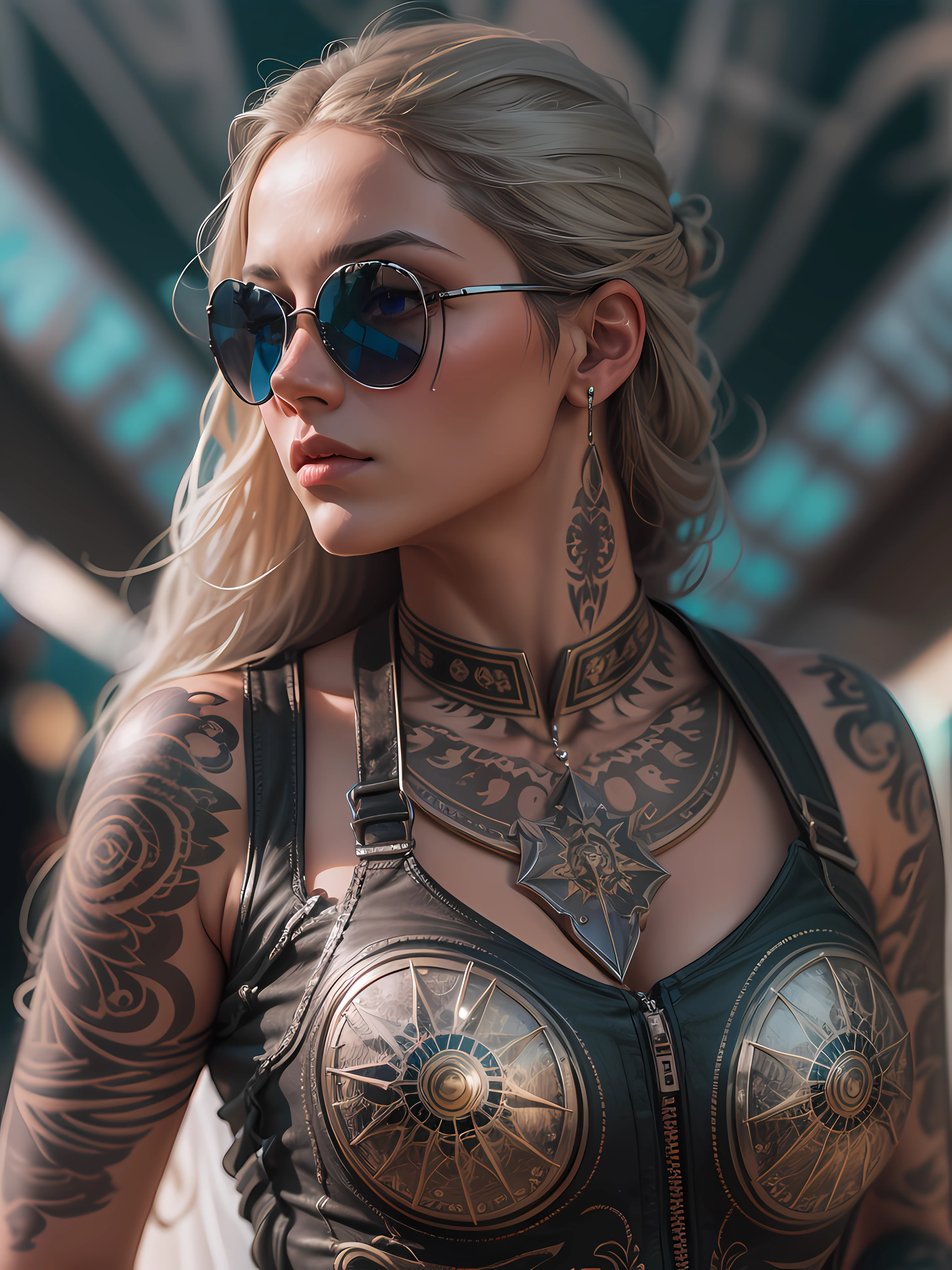 Bright and hyperrealistic photo of a charming y smiling and seductive woman close-up to the middle of the waist with large bred with big amber eyes.with bangs and long thick straight white hair , standing in a dark mystical cave. She's wearing a leather top with intricate lacing.,.and her seductive body is covered with a stunning set of hieroglyphs. In her hands she holds a large round watch with a heart-shaped chain. .made with filigree technique , pointing at the clock hands .Her thick, long, straight white hair falls to her waist. , The image demonstrates the artist's mastery of realism. The atmosphere is romantic and epic, with a deep sense of artistic depth and intricacy. The image is rendered with impeccable skill and vibrant colors using Octane technology on Artstation. This photo is in 8K resolution., UHD - a true masterpiece of portrait photography, showcasing soft cinematic lighting variations.