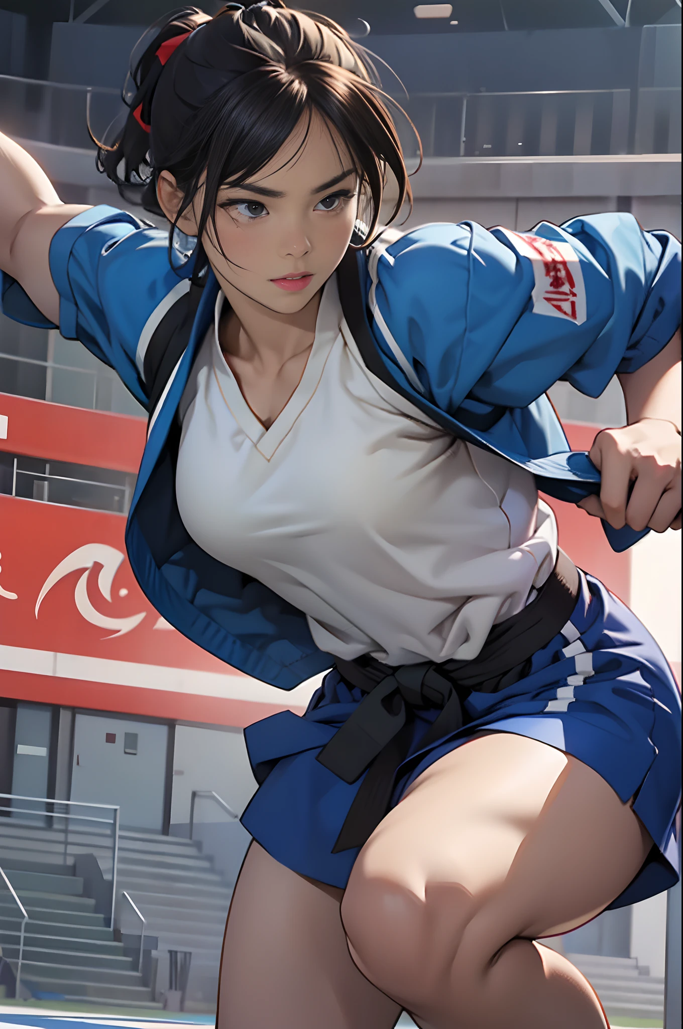 1Beautifulwoman，Judo uniform，Arena，anatomy correct，The composition is reasonable，tmasterpiece，high qulity，16k，UHD resolution