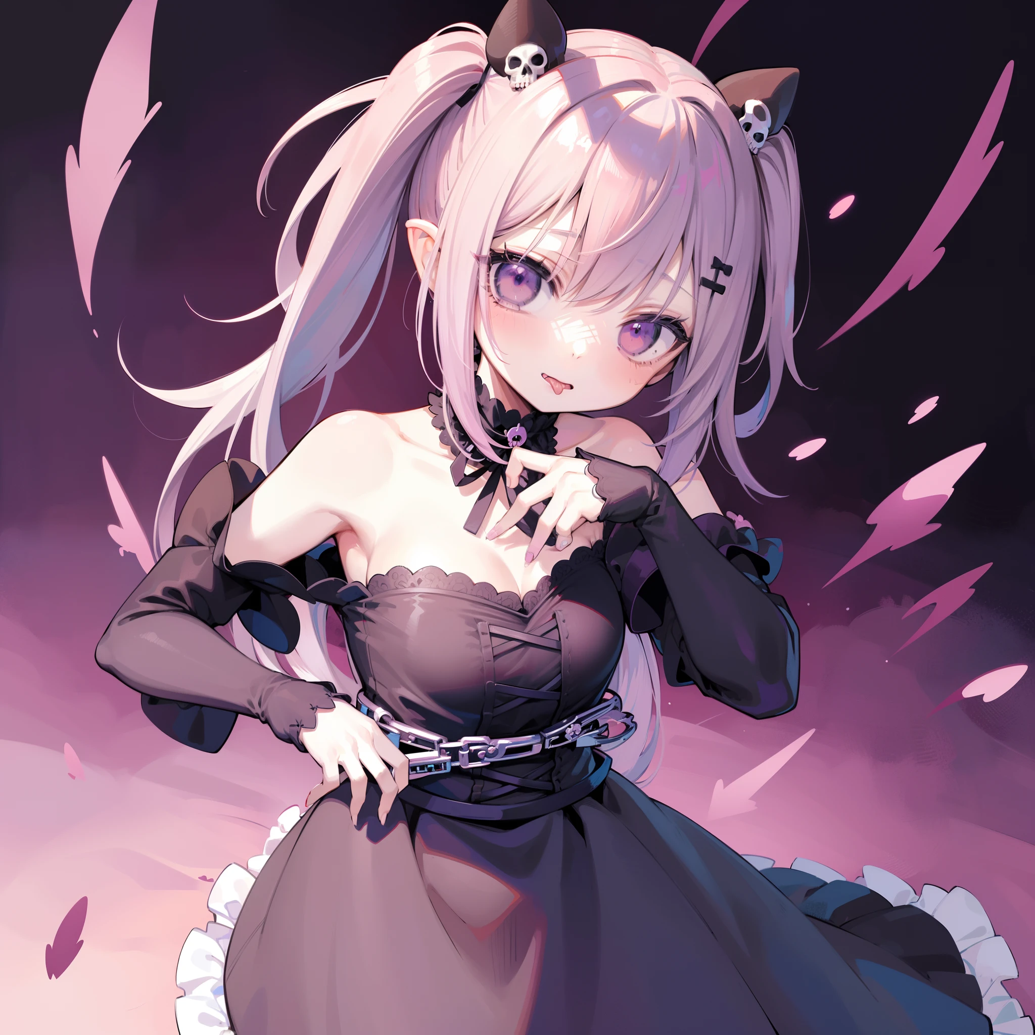 menina anime, Pastel Gothic aesthetic with key visual style, Detalhes Eroguro, Gore Detalhes, Kawaii detail, only 5 fingers on each hand, poses do corpo todo e dinamico, anatomia perfeita, teeth sticking out of the neck with a tongue out, skull on top of head and blades protruding from shoulder