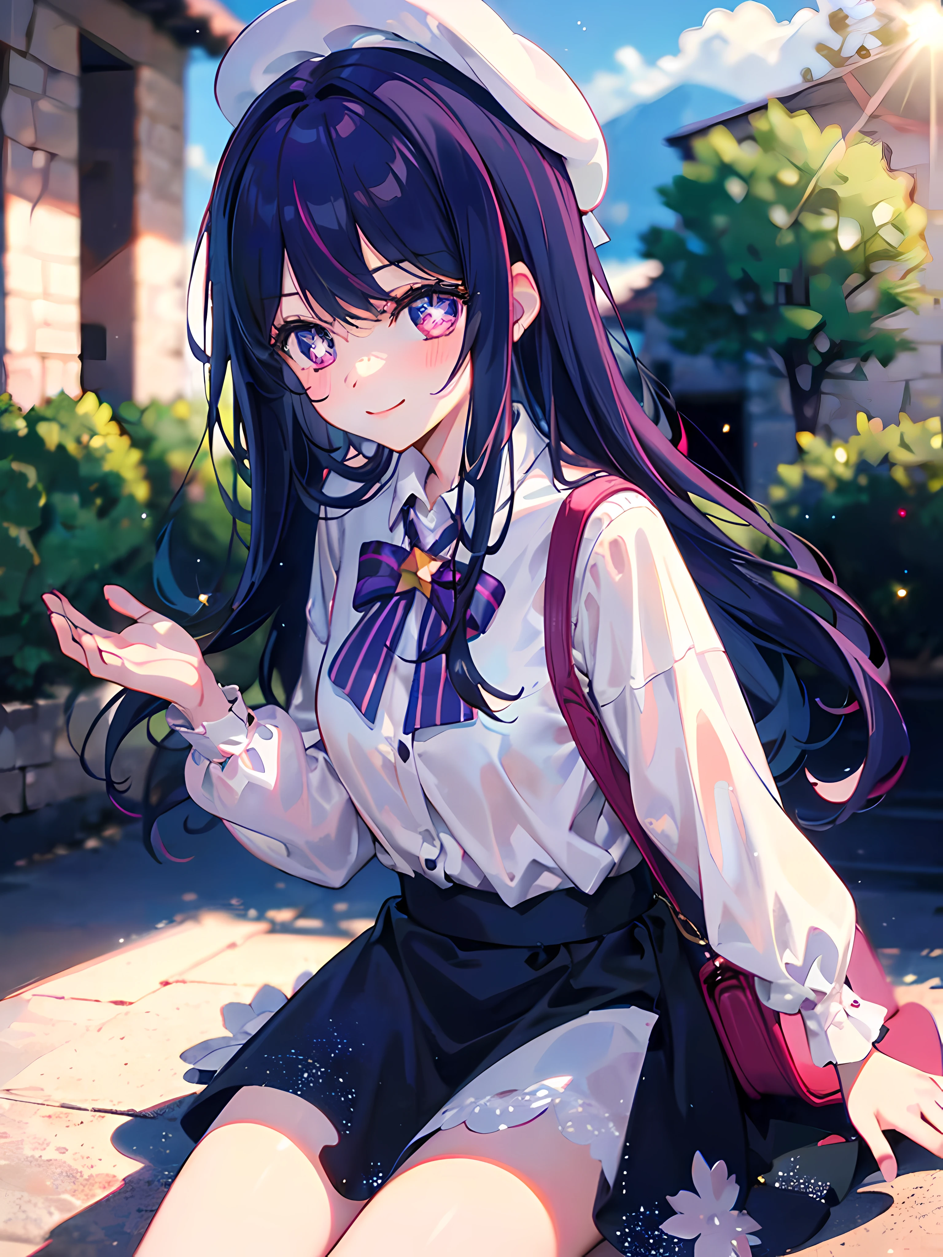 1 girl,(Ai Hoshino, Long hair, Purple hair, Striped hair ,Purple eyes, Star-shaped pupils, hair adornments) ,(Masterpiece, Best quality), (fine detailed beautiful eyes), (finely detailed eyes and detailed face), (scenery), (Extremely detailed CG, Ultra-detailed, Best shadow), Beautiful concept illustration, (illustration), (Extremely fine and beautiful), (Perfect details), Sitting, 1 cute girl, Solo, Smile, Nice has, Nice dress, Collared shirt, Black boots, Long sleeves, White headwear, Nice bag, beret, Blush, Outdoors, (Depth of field), Blurry, blurryforeground, Bokeh, danmaku, Depth of field, Lens flare, Sparkle, star flash,