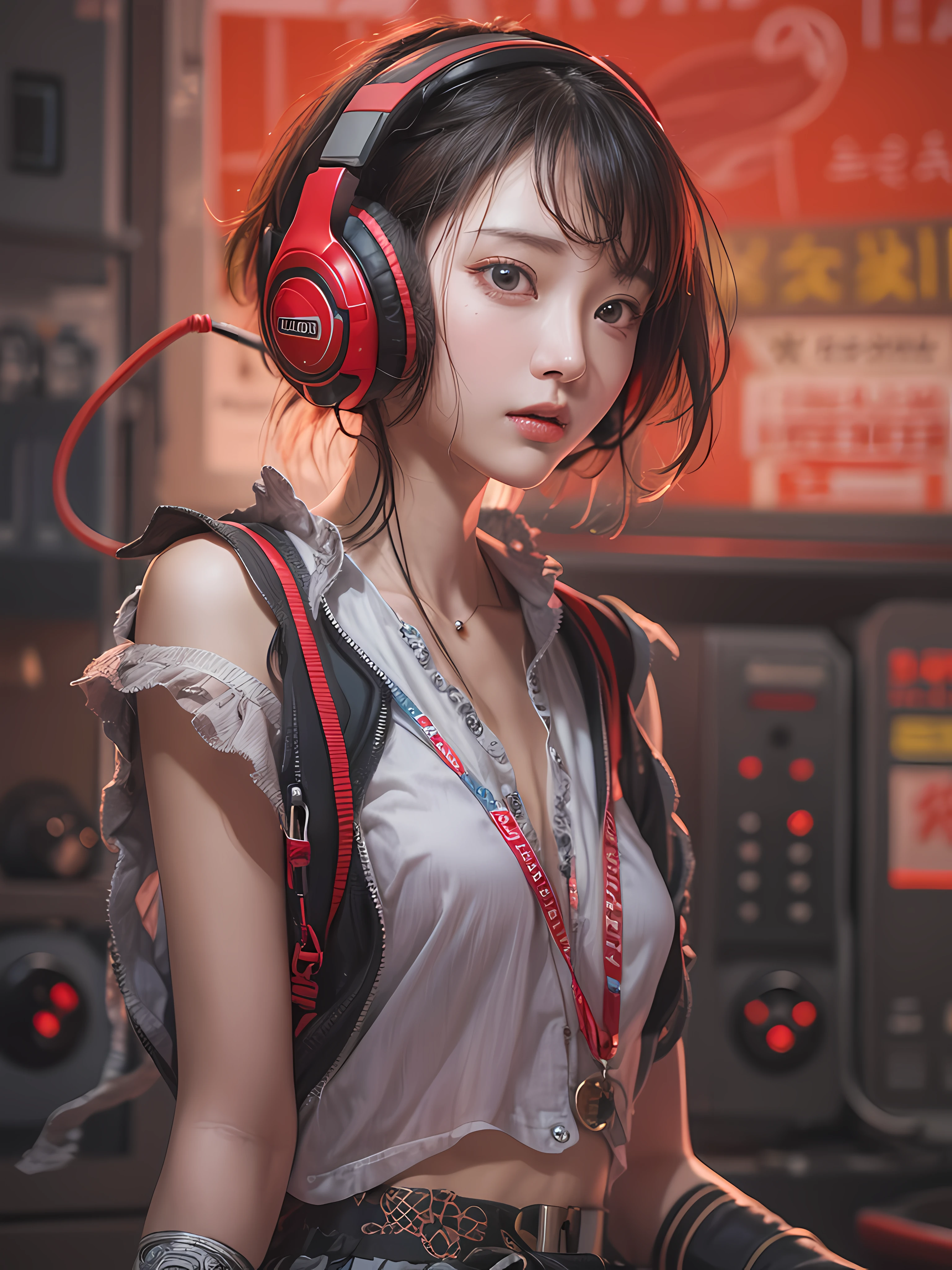 masterpiece, 1 beautiful girl, Detailed eye, Swollen eyes, top-quality, 超A high resolution, (reality: 1.4), 灯光, japanes, a asian beauty, very extremely beautiful, Beautiful skins, A slender, Forward-facing body, (A hyper-realistic), (hight resolution), (8K), (ighly detailed), ( Best Illustration), (beautifully detailed eyes), (ultra-detailliert), 详细的脸, Bright lighting, Professional lighting、The background is a cyberpunk room with many monitors、The cord is connected from the costume、Hair color is red、headset on head、small tattoo on face、Female Game Commentator、Facing straight ahead、short-hair、