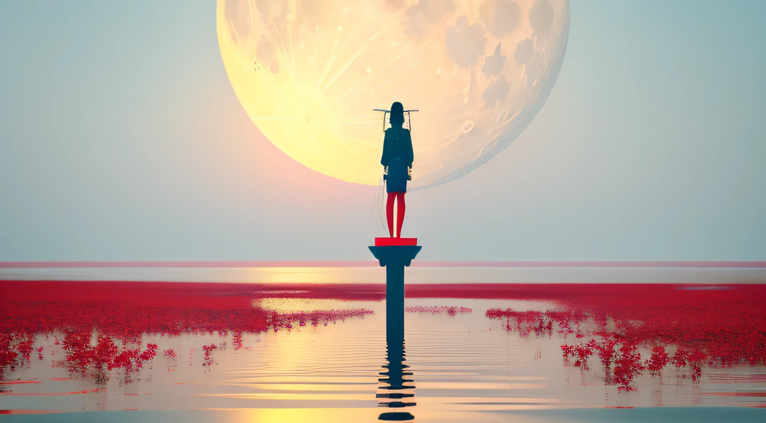 monochromatic [red,Orange,yellow] portrait [vietgongs On your back next to some flowers]standing on water near the moon | futuristic minimalism | flattened perspective | misty atmosphere | panoramic scale; passage muted tones | surrealism | horizons,4k, cinematic Sony A7 IV film 35mm