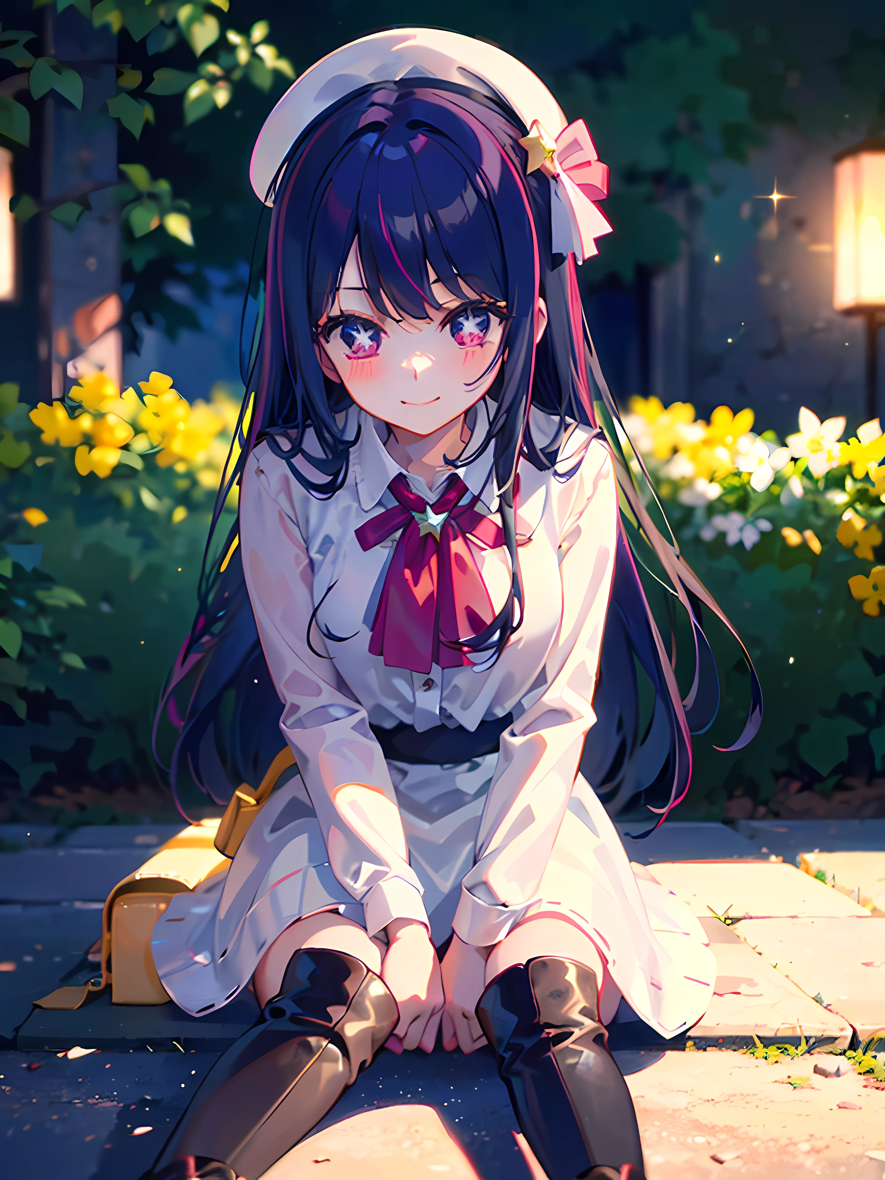1 girl,(Ai Hoshino, Long hair, Purple hair, Striped hair ,Purple eyes, Star-shaped pupils, hair adornments) ,(Masterpiece, Best quality), (fine detailed beautiful eyes), (finely detailed  eyes and detailed face), (scenery), (Extremely detailed CG, Ultra-detailed, Best shadow), Beautiful concept illustration, (illustration), (Extremely fine and beautiful), (Perfect details), Sitting, 1 cute girl, Solo, Smile, Nice has, Nice dress, Collared shirt, Black boots, Long sleeves, White headwear, Nice bag, beret, Blush, Outdoors, (Depth of field), Blurry, blurryforeground, Bokeh, danmaku, Depth of field, Lens flare, Sparkle, star flash,