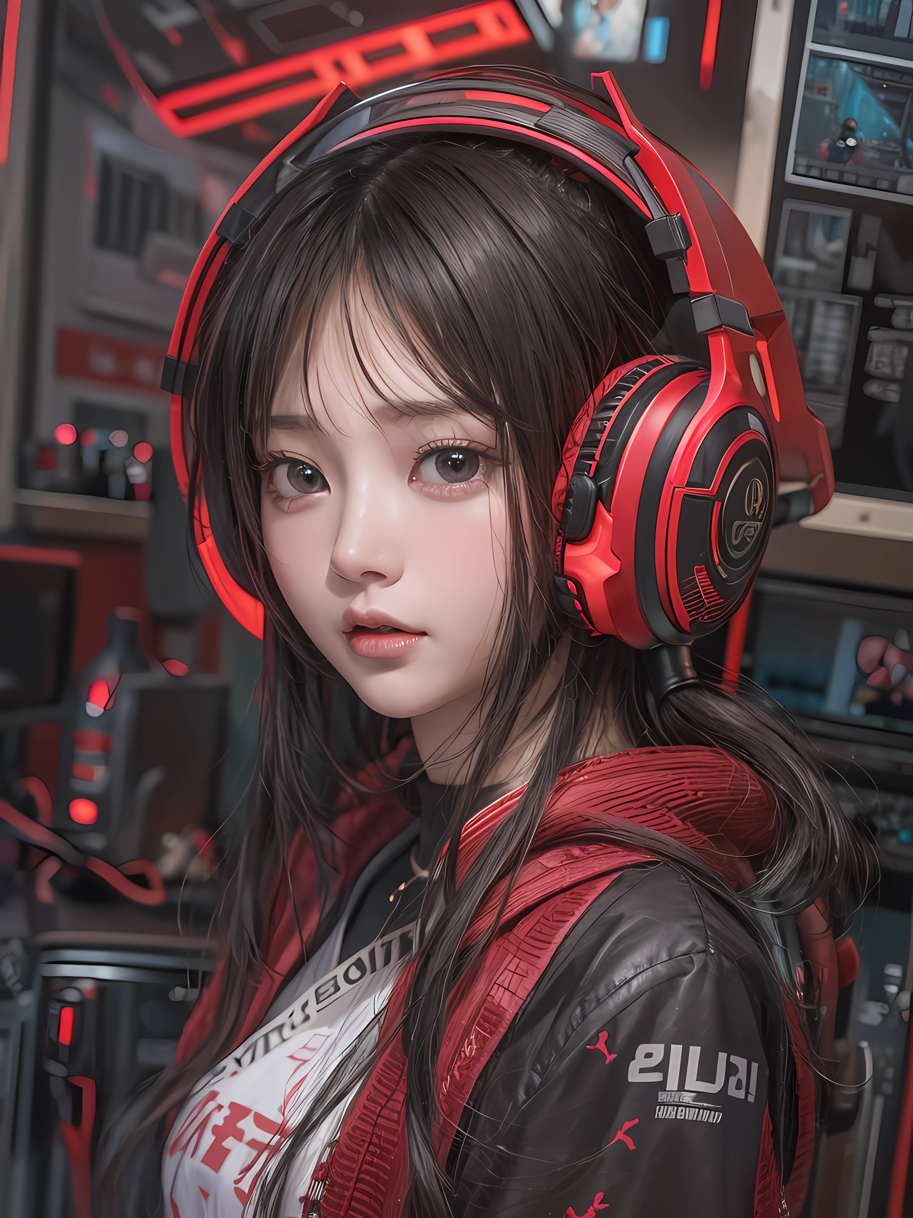 masterpiece, 1 beautiful girl, Detailed eye, Swollen eyes, top-quality, 超A high resolution, (reality: 1.4), 灯光, japanes, a asian beauty, very extremely beautiful, Beautiful skins, A slender, Forward-facing body, (A hyper-realistic), (hight resolution), (8K), (ighly detailed), ( Best Illustration), (beautifully detailed eyes), (ultra-detailliert), 详细的脸, Bright lighting, Professional lighting、The background is a cyberpunk room with many monitors、The cord is connected from the costume、Hair color is red、headset on head、small tattoo on face、Female Game Commentator、Facing straight ahead、short-hair、