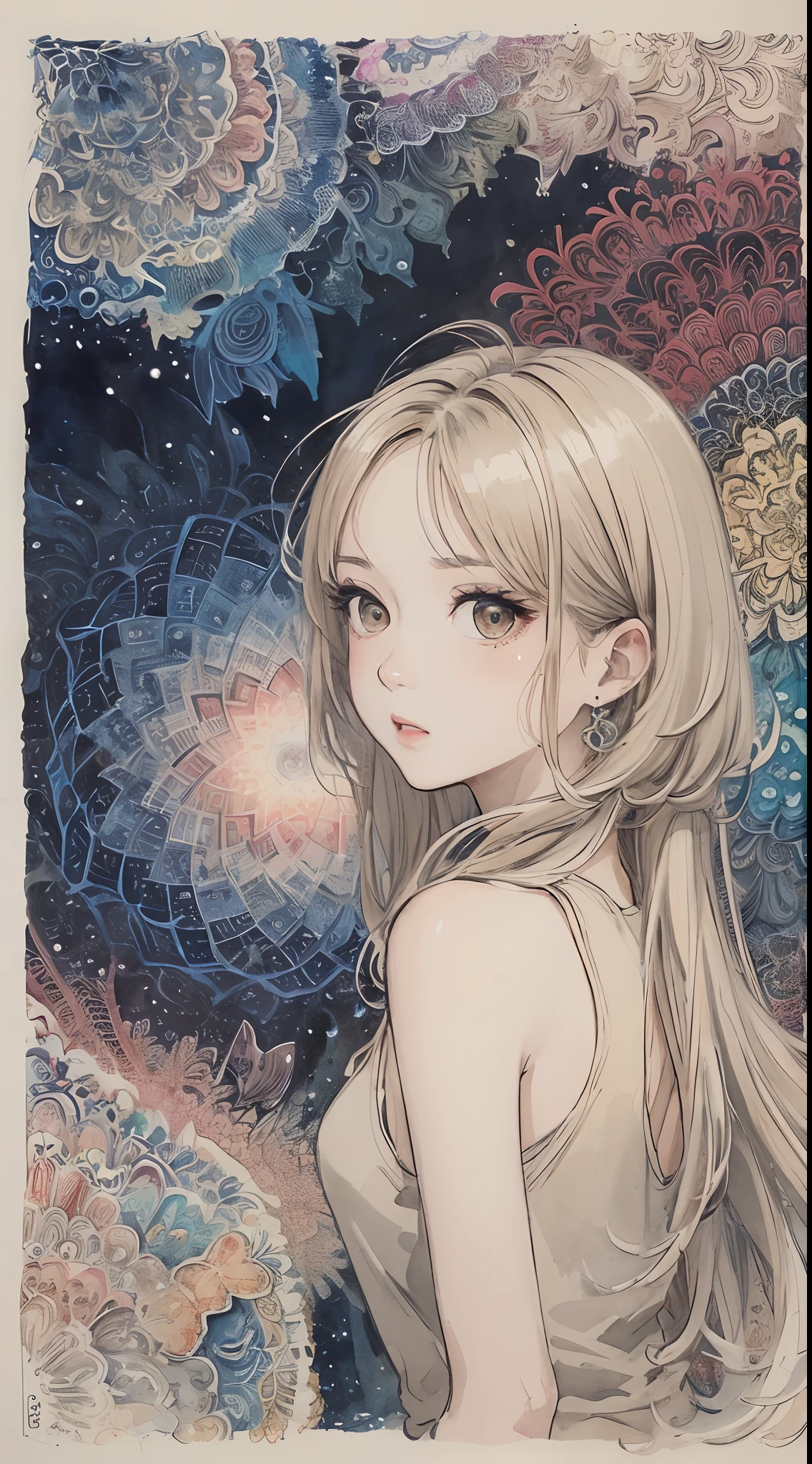 (巨作、Top Quality、Top Quality、Beautifully Aesthetic:1.2)、(Watercolor 1.5)、(Pigment Thin 1.5)、drooping eyes、Beige tones、straight-hair、Forehead、Longhea、1girls、Bibi-chan、(Fractal Art:1.3)、Beige hair、Hazel eyes、Tank Tops、cheeky、Kamimei