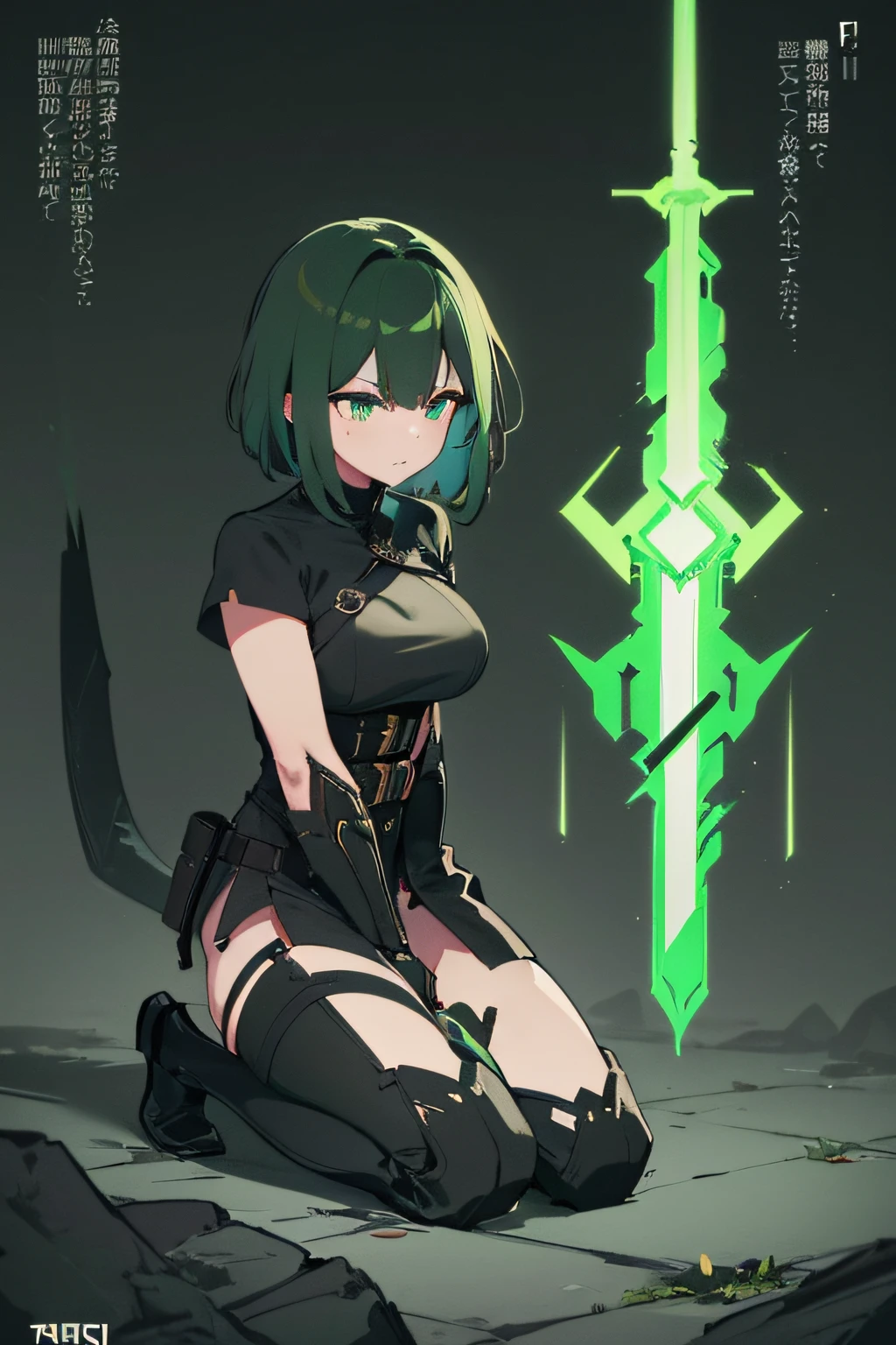 (Female, a low-ranking warrior, uses daggers as the main weapon, short hairstyle, color hair black and the sub-ton is a green, base color of the artwork in green, yellow and black), (best quality, highres, ultra-detailed), (illustration, concept artists), (vivid colors, sharp focus), (subtle lighting).