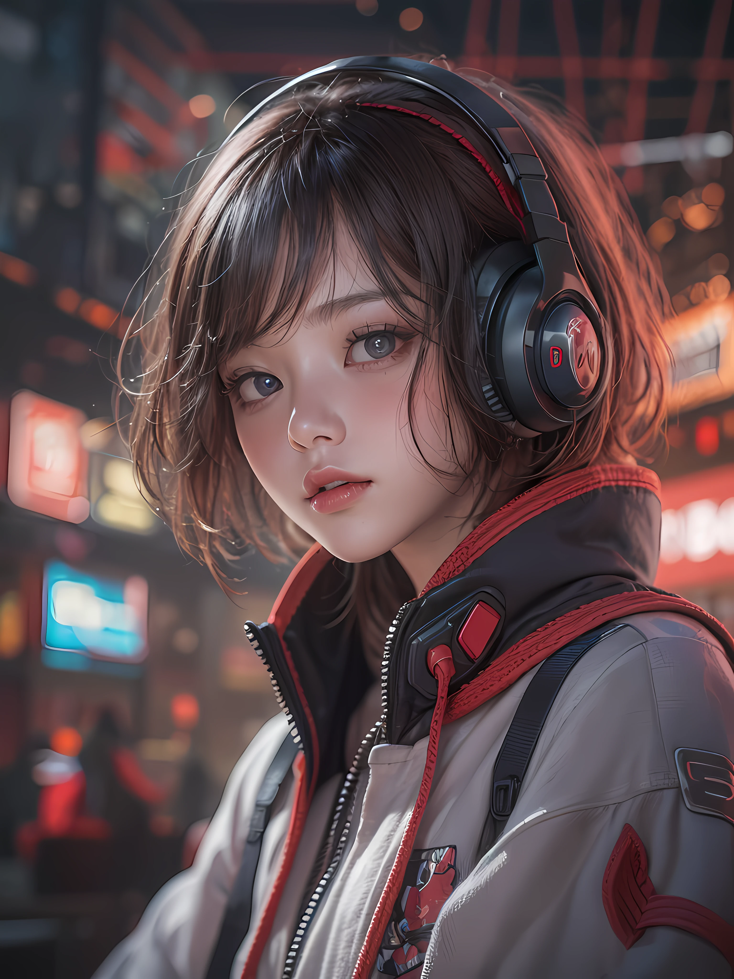 masterpiece, 1 beautiful girl, Detailed eye, Swollen eyes, top-quality, 超A high resolution, (reality: 1.4), 灯光, japanes, a asian beauty, very extremely beautiful, Beautiful skins, A slender, Forward-facing body, (A hyper-realistic), (hight resolution), (8K), (ighly detailed), ( Best Illustration), (beautifully detailed eyes), (ultra-detailliert), 详细的脸, Bright lighting, Professional lighting、The background is a cyberpunk room with many monitors、The cord is connected from the costume、Hair color is red、headset on head、small tattoo on face、Female Game Commentator、Facing straight ahead、short-hair、