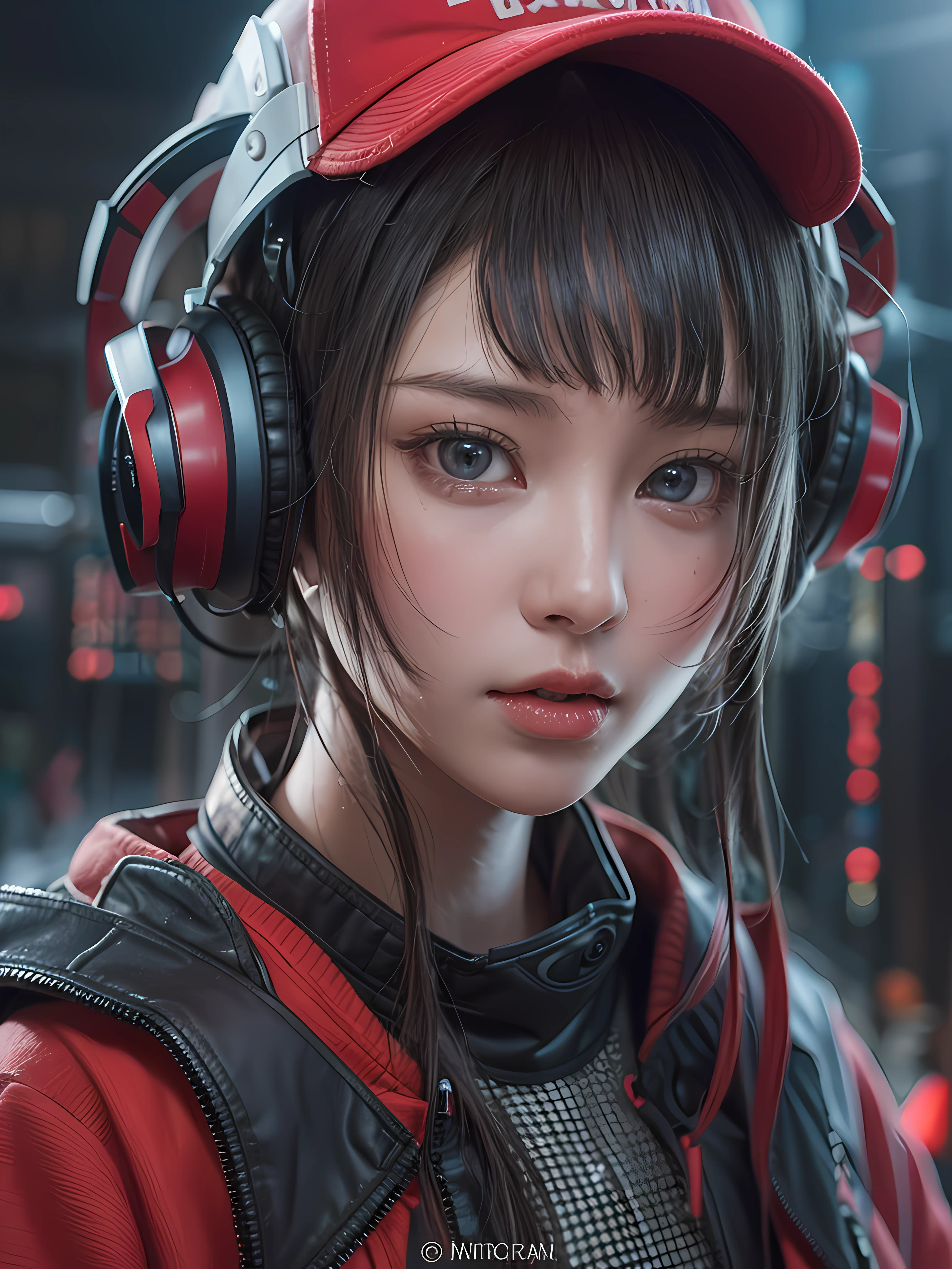 masterpiece, 1 beautiful girl, Detailed eye, Swollen eyes, top-quality, 超A high resolution, (reality: 1.4), 电影灯光, japanes, a asian beauty, very extremely beautiful, Beautiful skins, A slender, Forward-facing body, (A hyper-realistic), (hight resolution), (8K), (ighly detailed), ( Best Illustration), (beautifully detailed eyes), (ultra-detailliert), 详细的脸, Bright lighting, Professional lighting、The background is a cyberpunk room with many monitors、The cord is connected from the costume、Hair color is red、headset on head、small tattoo on face、Female Game Commentator、Facing straight ahead、short-hair、