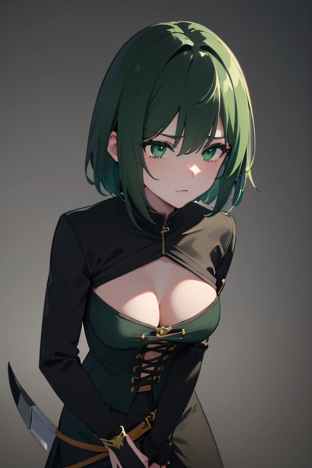 (Female, a low-ranking warrior, uses daggers as the main weapon, short hairstyle, color hair black and the sub-ton is a green, base color of the artwork in green, yellow and black), (best quality, highres, ultra-detailed), (illustration, concept artists), (vivid colors, sharp focus), (subtle lighting).