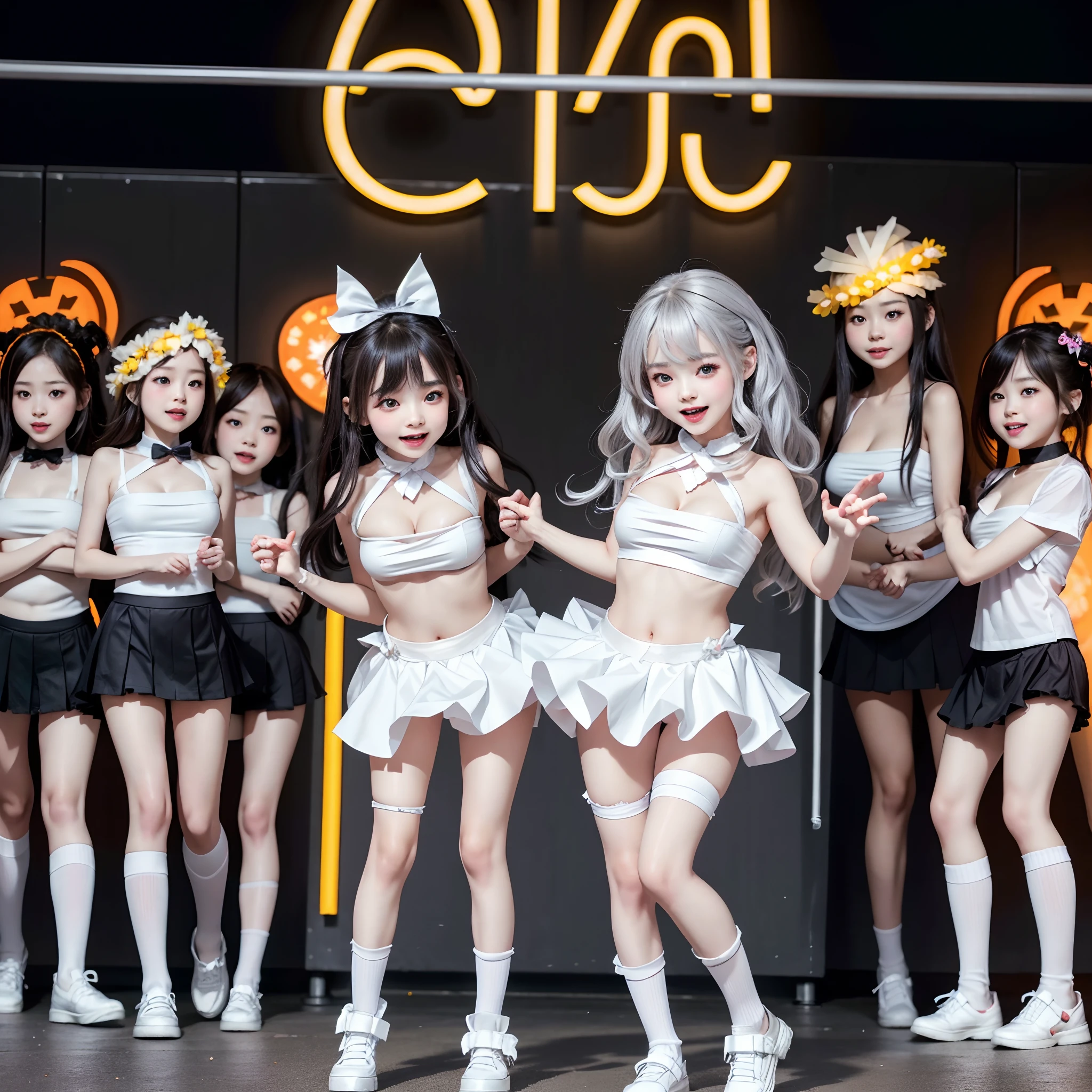 (((SFW, 12 Tiny Girls in a row:1.2, Shibuya Hachiko-mae scramble crossing on Halloween:1.2))), (masterpiece:1.2, best quality, photorealistic:1.37), {(Standing Full Body:1.2)|(from below:1.2)}, short silver hair, {School Uniform|naked bandage|tutu}, (Detailed KAWAII face, Detailed Oily Porcelain skin), {Bustling street|(Passerby girls)| halloween| neon}, {(Childish:1.2|Gigantic Cleavage:1.37|Underboob:1.2)}, {flower wreath|Red leather high collar}, {Floating hair|Strong wind|Ass focus},{:p|:d|laugh|sparkle|joyful|delighted},extremely Detailed,