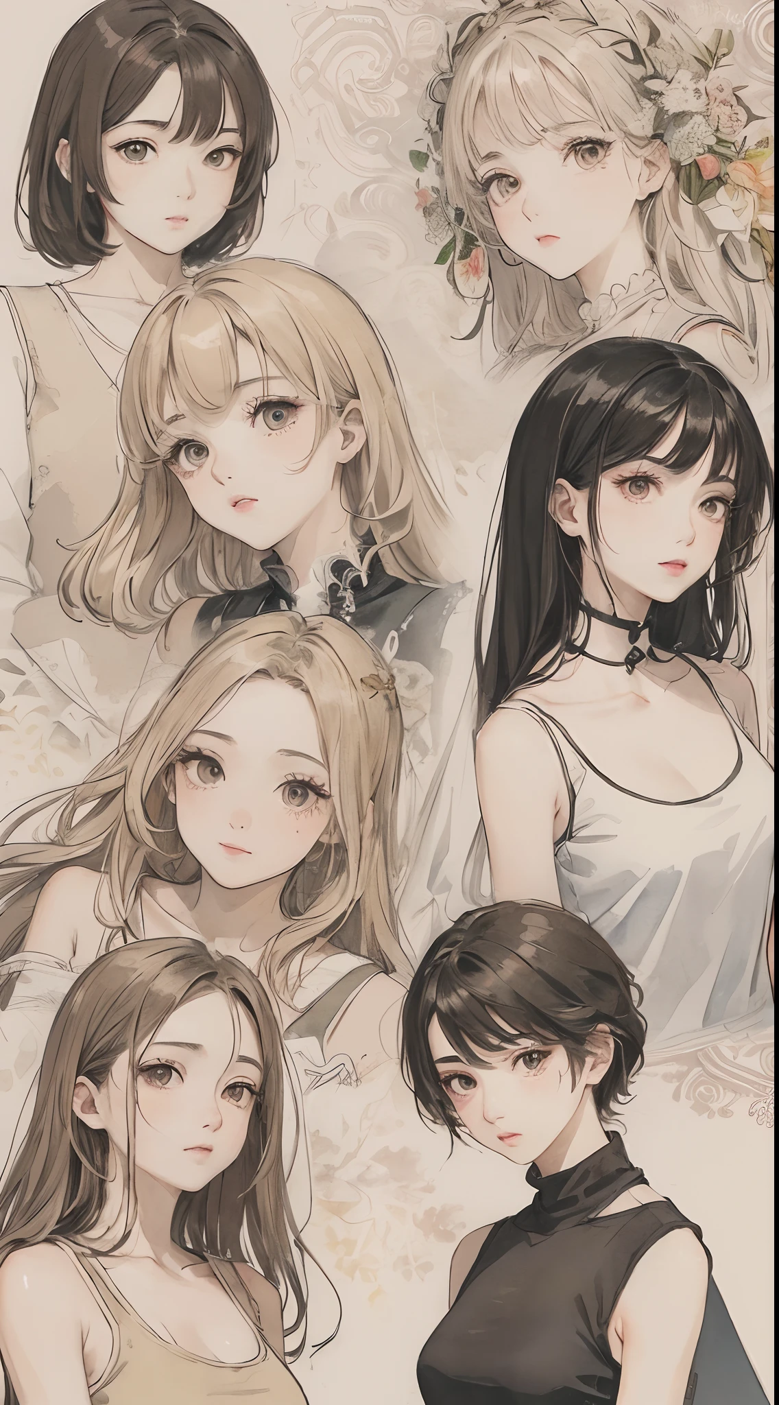 (巨作、Top Quality、Top Quality、Beautifully Aesthetic:1.2)、(Watercolor 1.5)、(Pigment Thin 1.5)、drooping eyes、Beige tones、straight-hair、Forehead、Longhea、1girls、Bibi-chan、(Fractal Art:1.3)、Beige hair、Hazel eyes、Tank Tops、cheeky、Kamimei