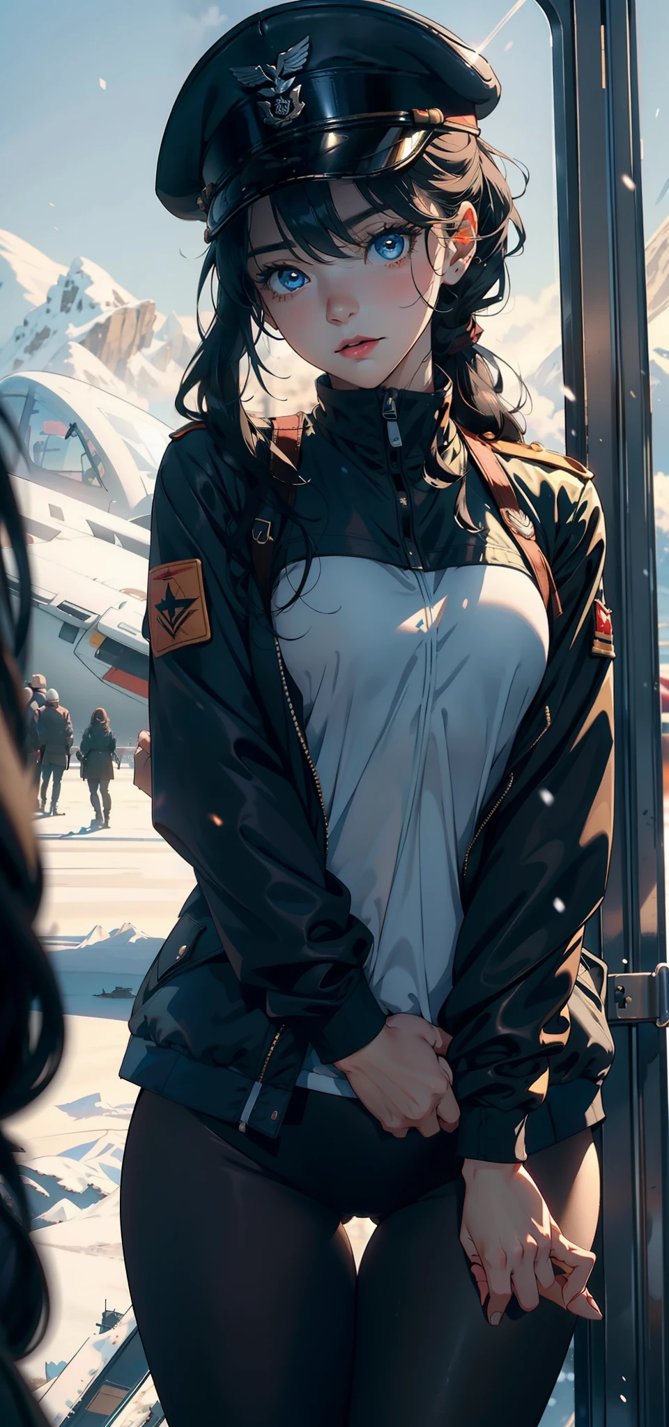 1female,3 years old,Small loli,smallunderboob, 独奏,(Background with:aerodrome,Planes,snow mountains,at winter season,Snow on the ground) She has long black hair,Double ponytail standing on the plane,,seen from the front, hair straight, mostly cloudy sky,(((tmasterpiece),(Very detailed CG unity 8K wallpaper),best qualtiy,cinmatic lighting,detailed back ground,beatiful detailed eyes,Bright pupils,Blue eyes,(Very fine and beautiful),(Beautiful and detailed eye description),ultra - detailed,tmasterpiece,)),facing at camera,A high resolution,ultra - detailed),revealing breasts,Bare genitalia, Bulge,legs are open,Raised sexy,Camel toes,Flushed complexion,Desire for dissatisfaction,frontage,Soviet Air Force,Officer's cap(Wearing:Dark green bomber jacket,Black pantyhose)