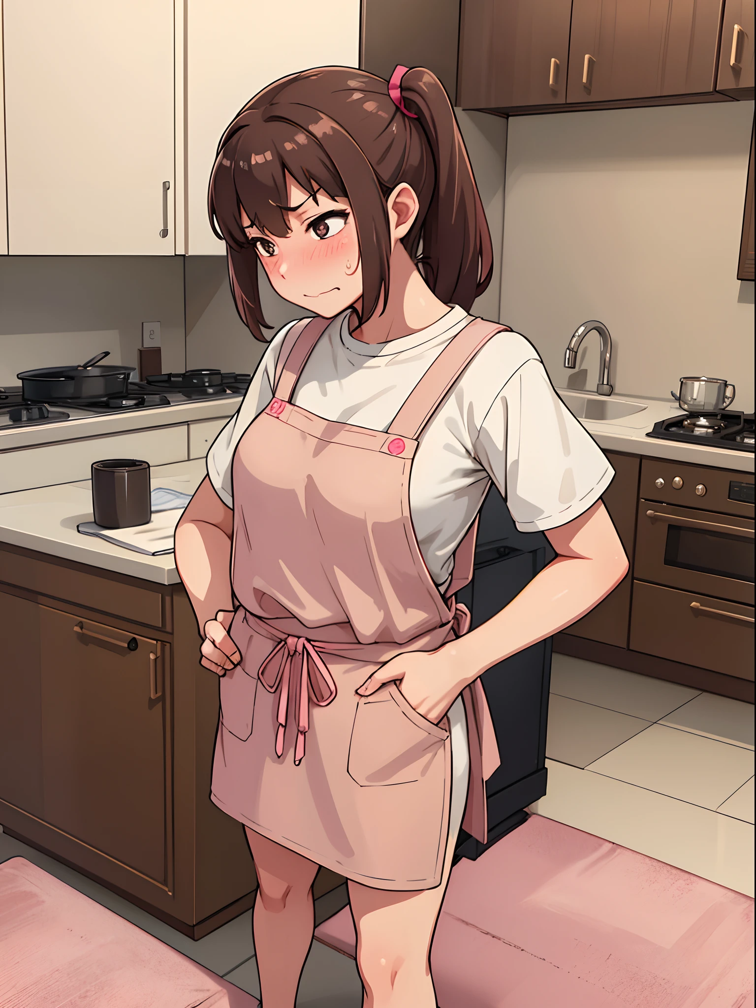 hiquality, tmasterpiece (one housewife). brown-hair. pony tail. brown eye. Embarrassed face. beige sweater. pink apron. bare footed. against the background of the kitchen.