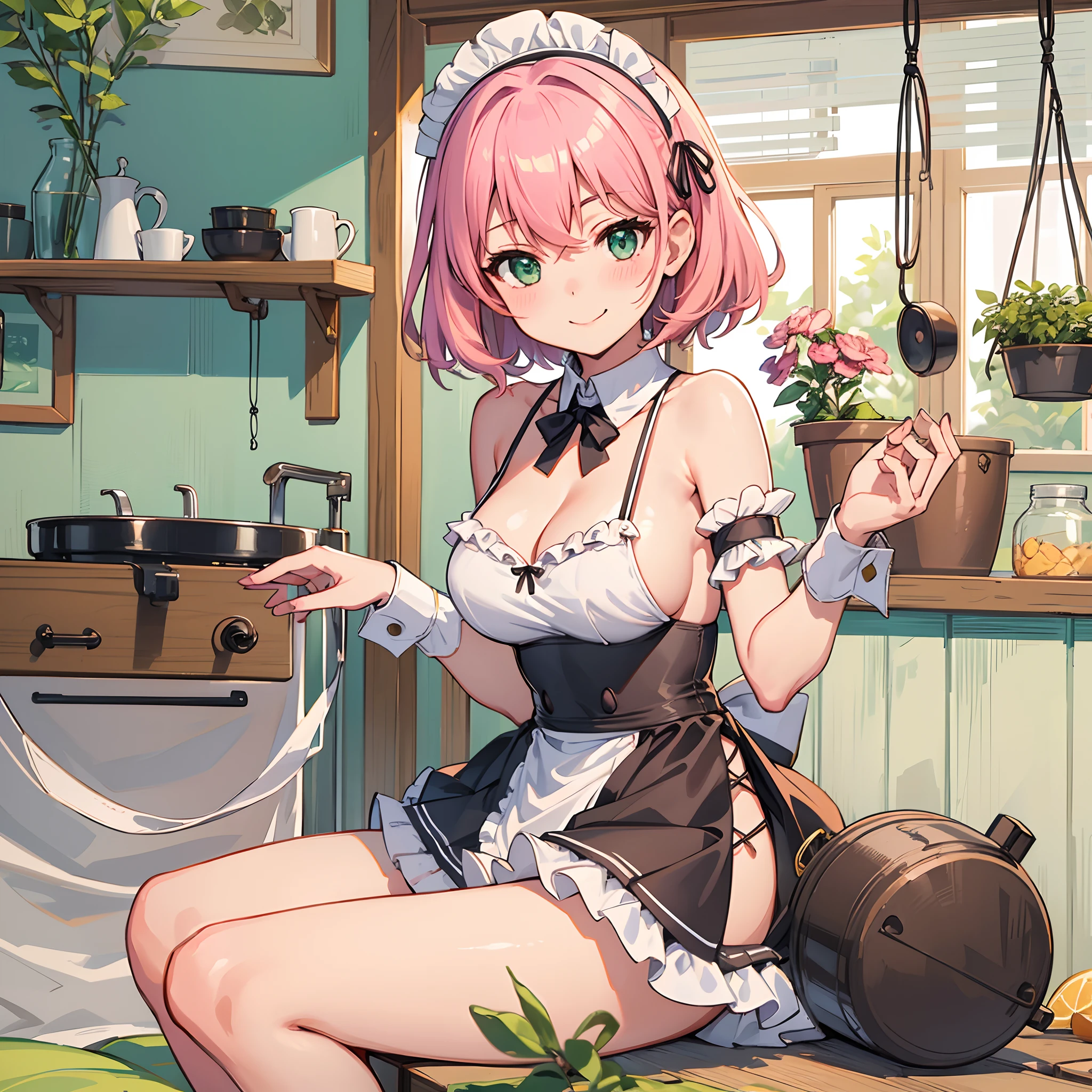 super fine illustration , 1girl , apron , bangs , bare shoulders , bikini, black bikini, green eyes , pink hair , black skirt , blush , cosplay , detached collar , frills, hair between eyes , leaf , ligne claire, maid , maid bikini , maid headdress , miniskirt , navel , short hair , skirt , solo , swimsuit , ,waist apron , white apron , smiling , smirk , happy , shy , blushing , potted flower , bedroom, large breasts,