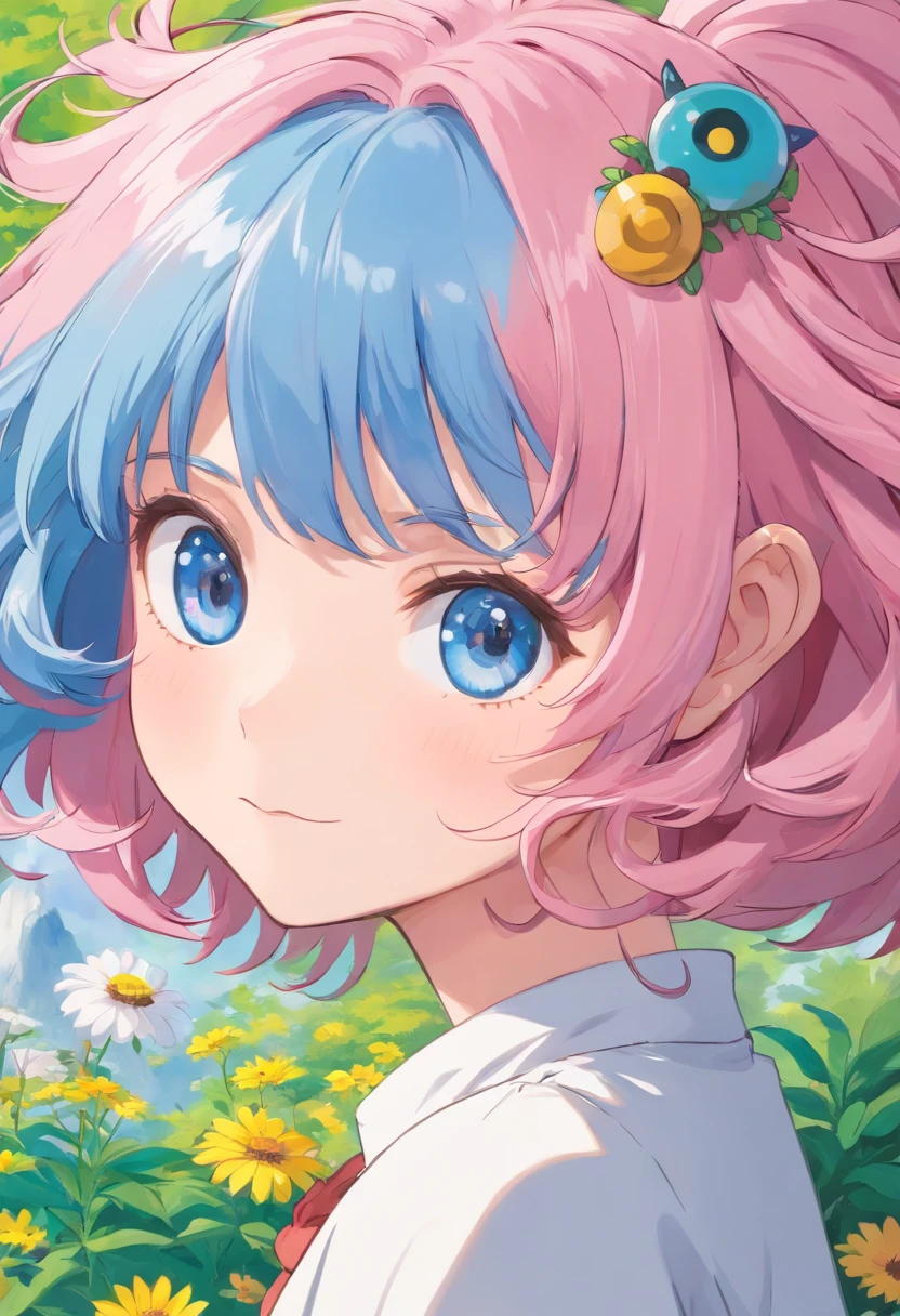 Anime like shikimori, pink hair, girl, super cute, big hair, blue eyes,