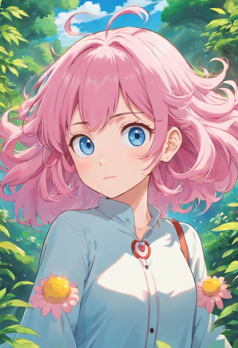 Anime like shikimori, pink hair, girl, super cute, big hair, blue eyes,