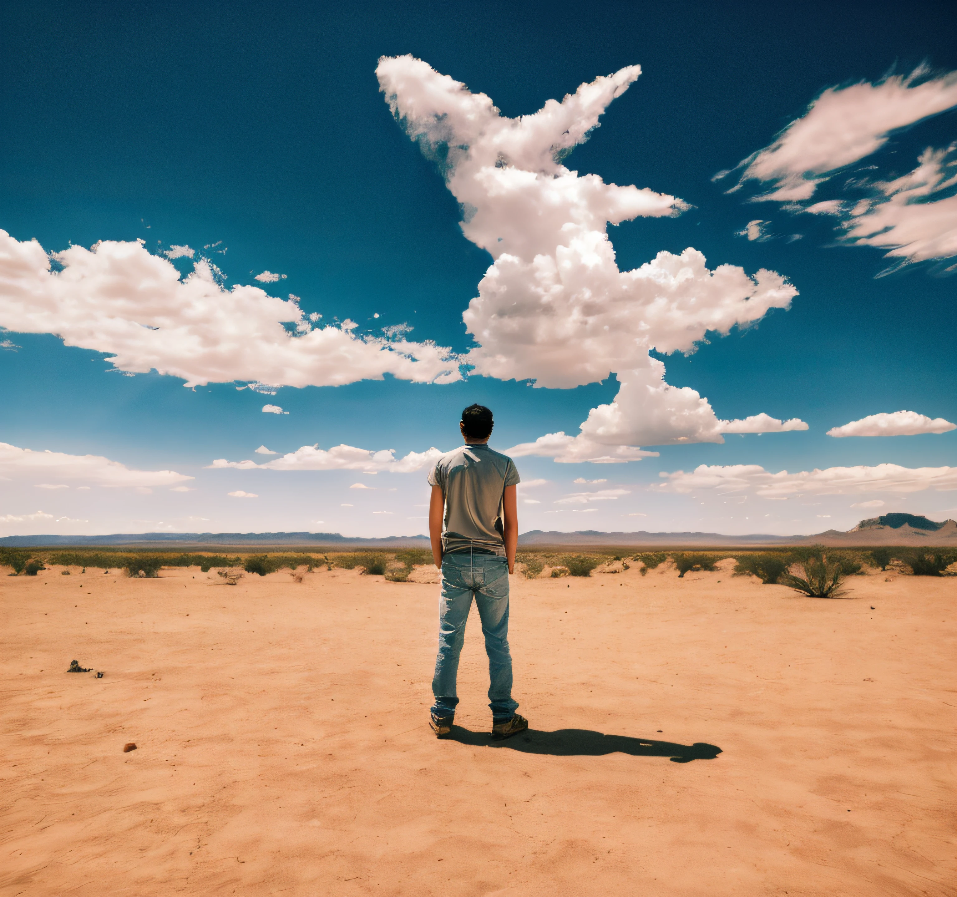 There is a man standing in the middle of a desert field, De pie en un desierto, De pie en el desierto, De pie en el desierto, standing on wasteland, Standing in a barren field, una persona parada frente a un, Los hombres miran al cielo, inspirado por Storm Thorgerson, mirando al cielo, De pie sobre un paisaje marciano, escena surrealista