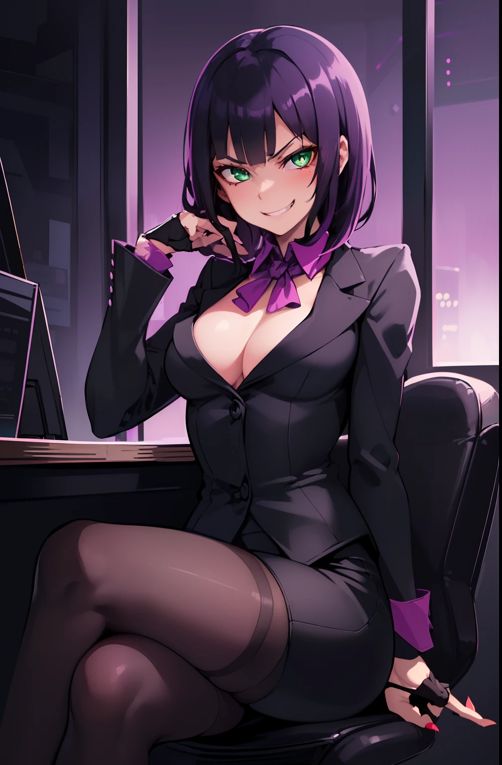 (solo, girl, cheeky looking buisness woman with a devious grin), best quality black buisness suit, black dyed hair, green eyes, small bust, making a smug and haughty expression, sitting in an office chair, (dark atmosphere, dystopian, dim purple pink lighting), head rest pose, leaning forward