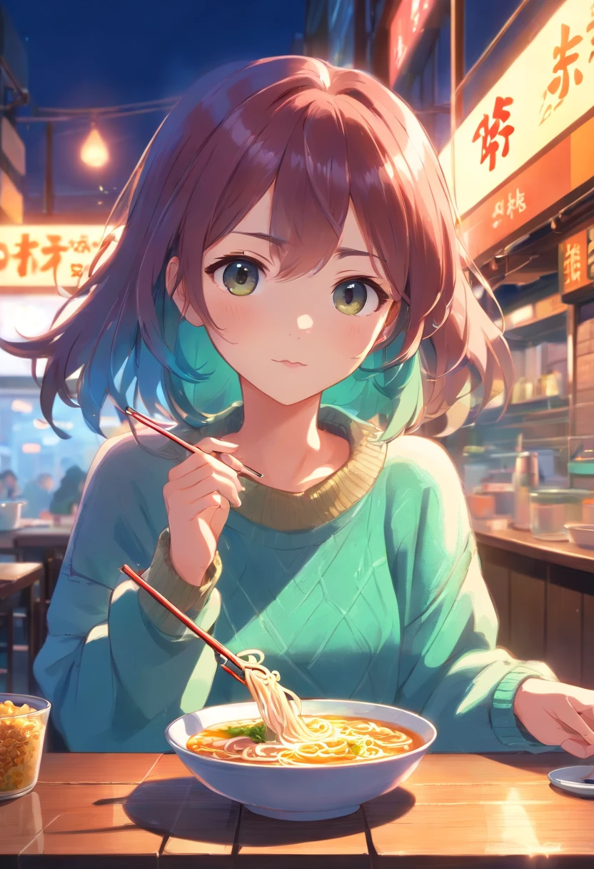 Iridescent hair, K-pop star in sweater, I'm eating Japanese ramen, Be with a small cat, halo, One hand with chopsticks, One hand is a spoon