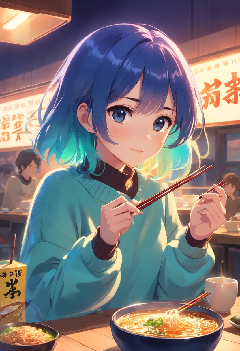 Iridescent hair, K-pop star in sweater, I'm eating Japanese ramen, Be with a small cat, halo, One hand with chopsticks, One hand is a spoon