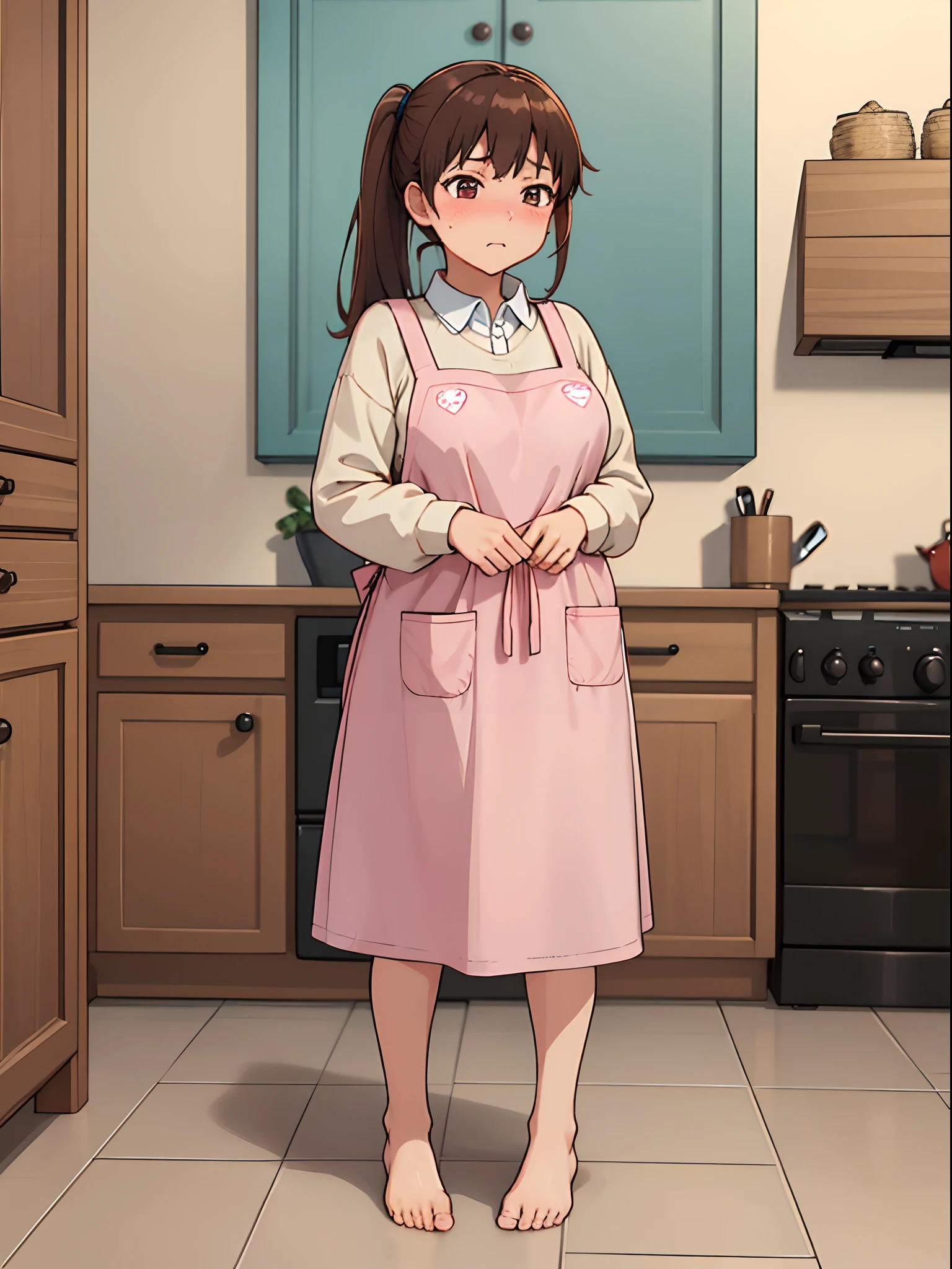 hiquality, tmasterpiece (one housewife). brown-hair. pony tail. brown eye. Embarrassed face. beige sweater. pink apron. bare footed. against the background of the kitchen.