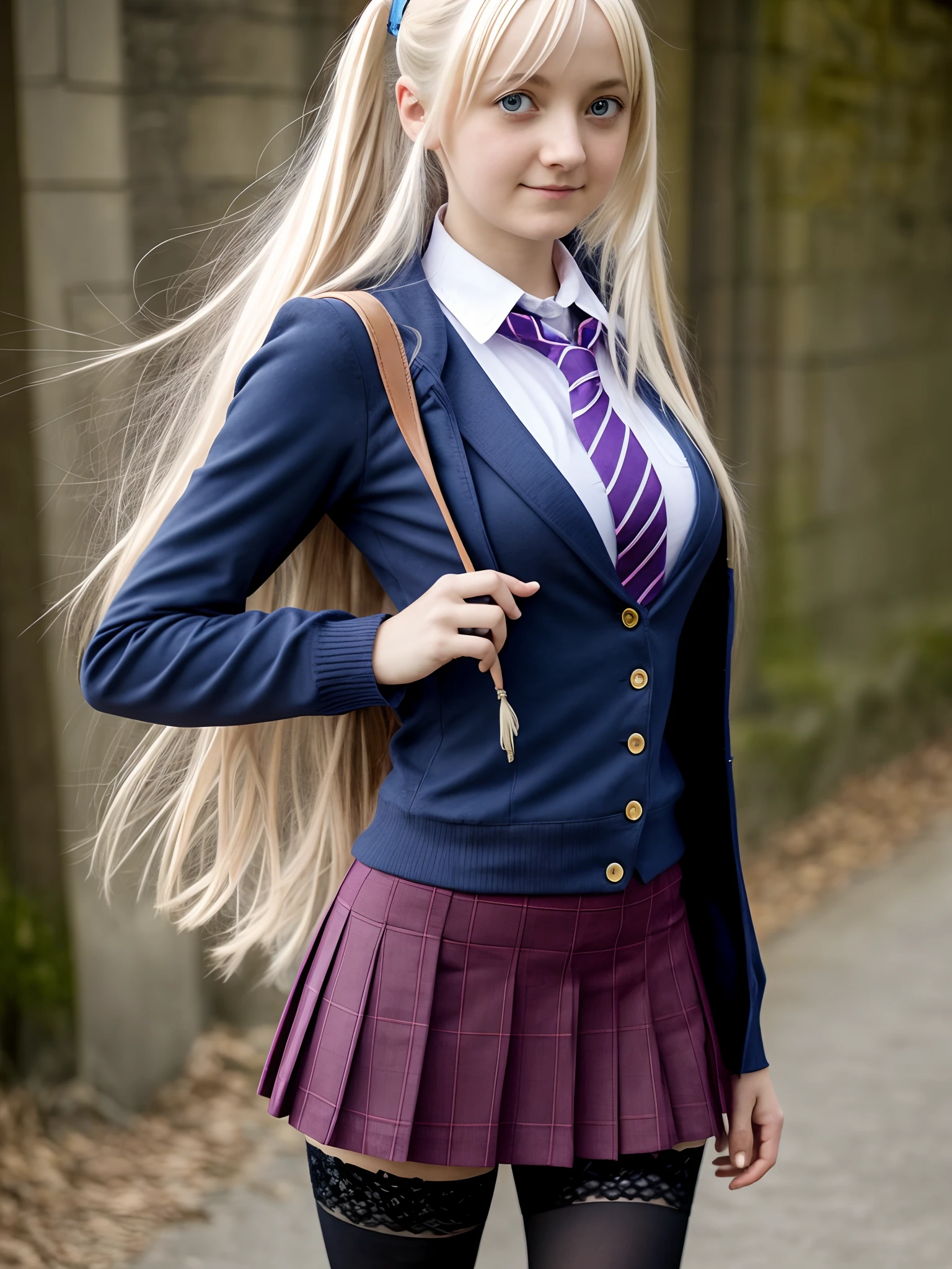 Luna Lovegood, school uniform, cleavage, stockings, ultra realistisch, Ultra-detailliert