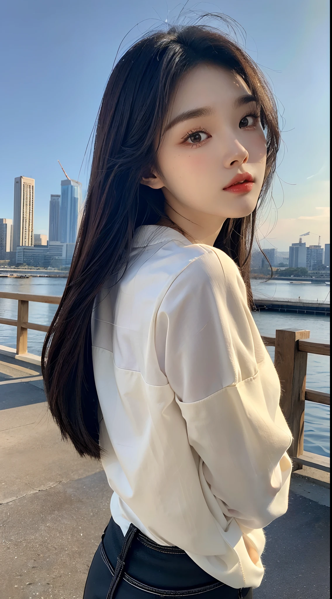 ​masterpiece、top-quality)、1 beutiful girl、Slim body、((Black and white plain clothes:1.1))、(Detailed beautiful eyes)、In the Han River、((Boyish Brown Medium Hair))、((Smaller face))、((Neutral face))、((Light brown eyes))、((Korean Girl))、((18year old))、((cool lady))、((Embarrassed expression))、((Korean Makeup))、((elongated and sharp eyes))、((Happy dating))、((boyish))、((She is walking in front of the viewer))、((Looking at the sky))、((Looking up))、((shot from back))