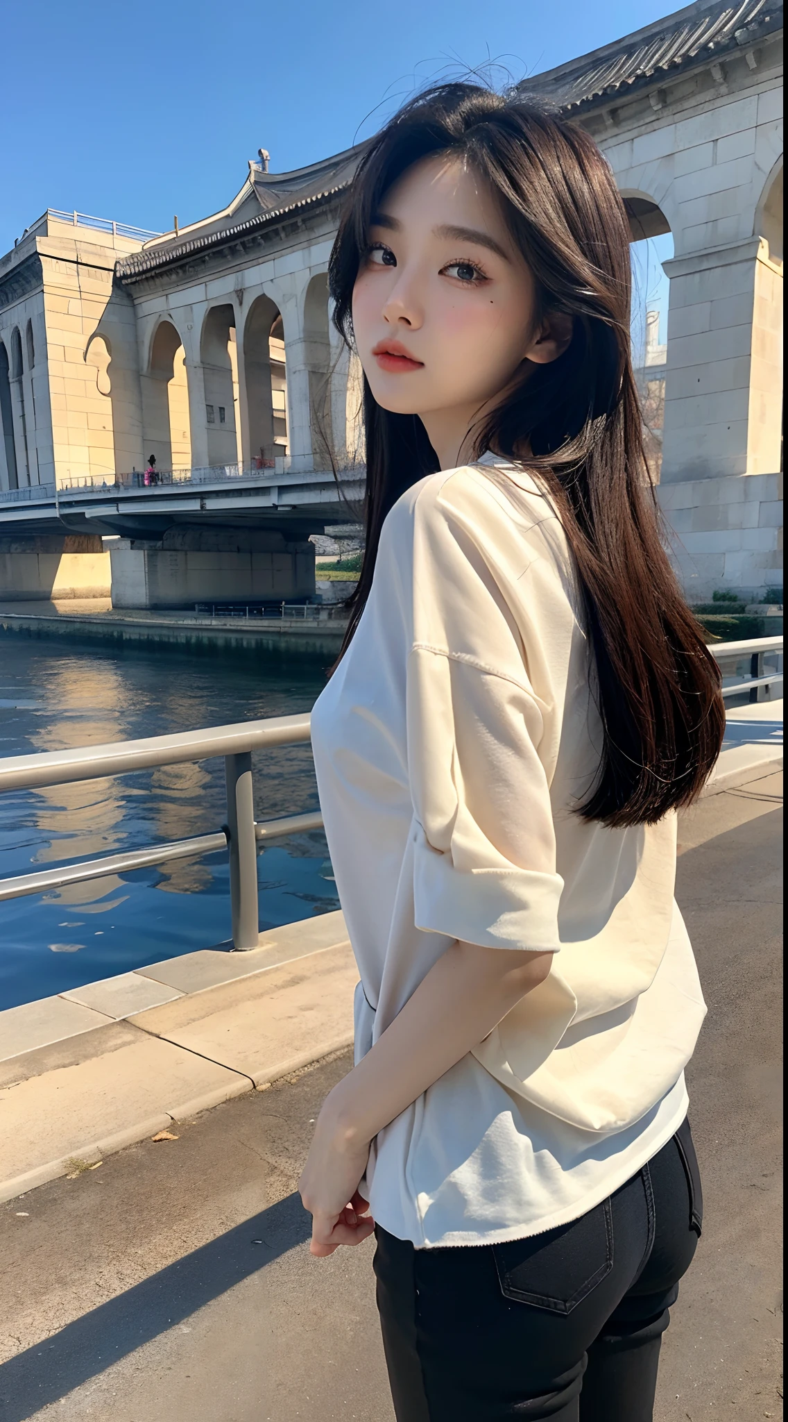 masterpiece、top-quality)、1 beutiful girl、Slim body、((Black and white plain clothes:1.1))、(Detailed beautiful eyes)、In the Han River、((Boyish Brown Medium Hair))、((Smaller face))、((Neutral face))、((Light brown eyes))、((Korean Girl))、((18year old))、((cool lady))、((Embarrassed expression))、((Korean Makeup))、((elongated and sharp eyes))、((Happy dating))、((boyish))、((She is walking in front of the viewer))、((Looking at the sky))、((Looking up))、((shot from back))