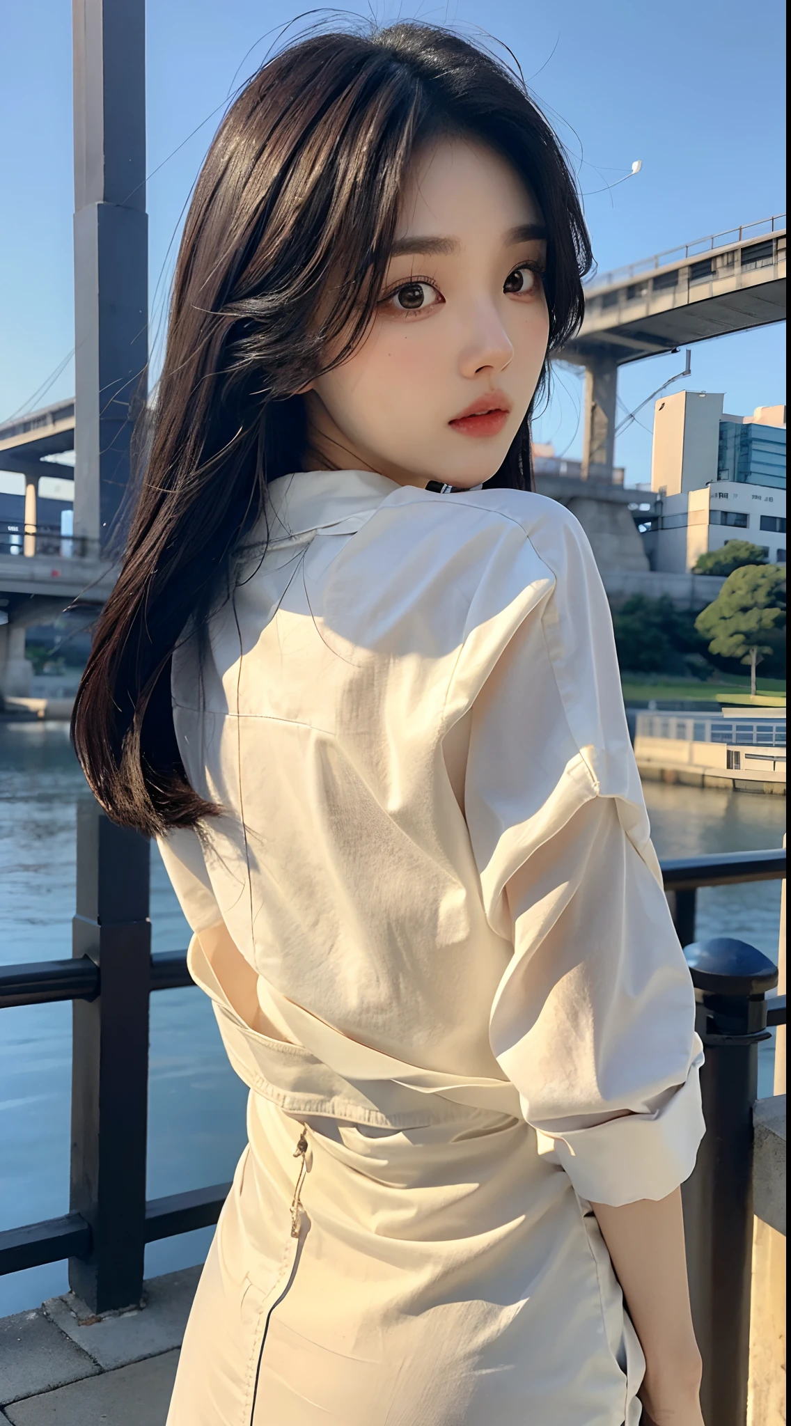 masterpiece、top-quality)、1 beutiful girl、Slim body、((Black and white plain clothes:1.1))、(Detailed beautiful eyes)、In the Han River、((Boyish Brown Medium Hair))、((Smaller face))、((Neutral face))、((Light brown eyes))、((Korean Girl))、((18year old))、((cool lady))、((Embarrassed expression))、((Korean Makeup))、((elongated and sharp eyes))、((Happy dating))、((boyish))、((She is walking in front of the viewer))、((Looking at the sky))、((Looking up))、((shot from back))