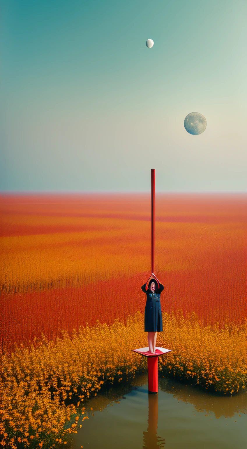 monochromatic [red,Orange,yellow] portrait [vietgongs On your back next to some flowers]standing on water near the moon | futuristic minimalism | flattened perspective | misty atmosphere | panoramic scale; passage muted tones | surrealism | horizons,4k, cinematic Sony A7 IV film 35mm