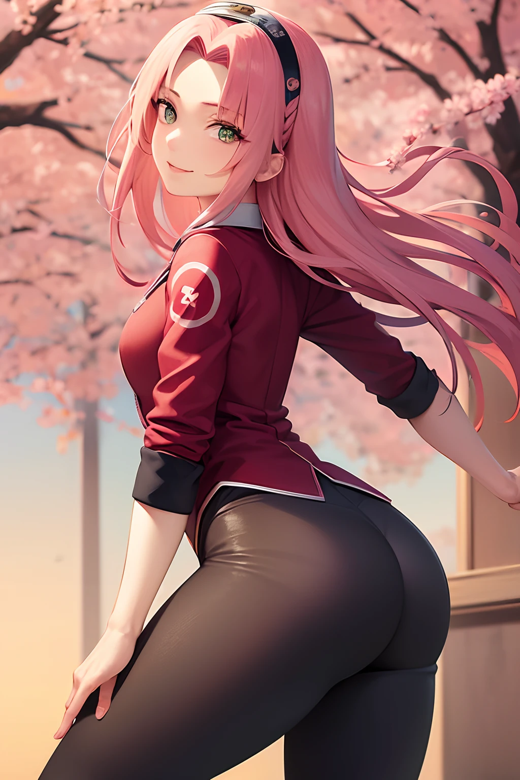 巨作, Best quality at best, 1girll, sakura haruno, medium breasts, smile,With pink hair, Long hair waiter, (Green eyeballs:1.4), Front protection, Cherry trees,Cherry blossoms flying,red dress , Zipper half, Tight cropped trousers , Uniform body, tight pants, from back, ass focus