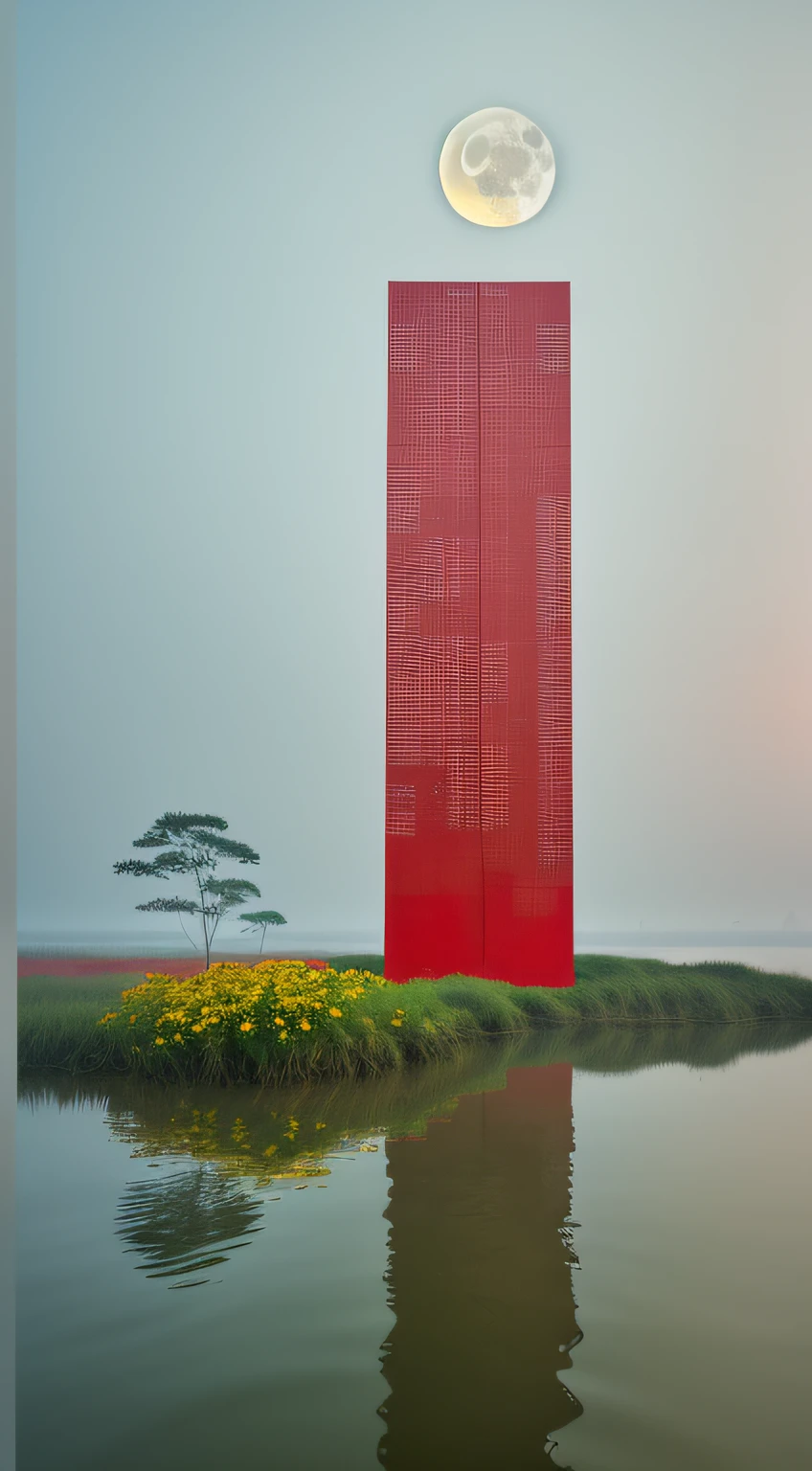 monochromatic [red,Orange,yellow] portrait [vietgongs On your back next to some flowers]standing on water near the moon | futuristic minimalism | flattened perspective | misty atmosphere | panoramic scale; passage muted tones | surrealism | horizons,4k, cinematic Sony A7 IV film 35mm