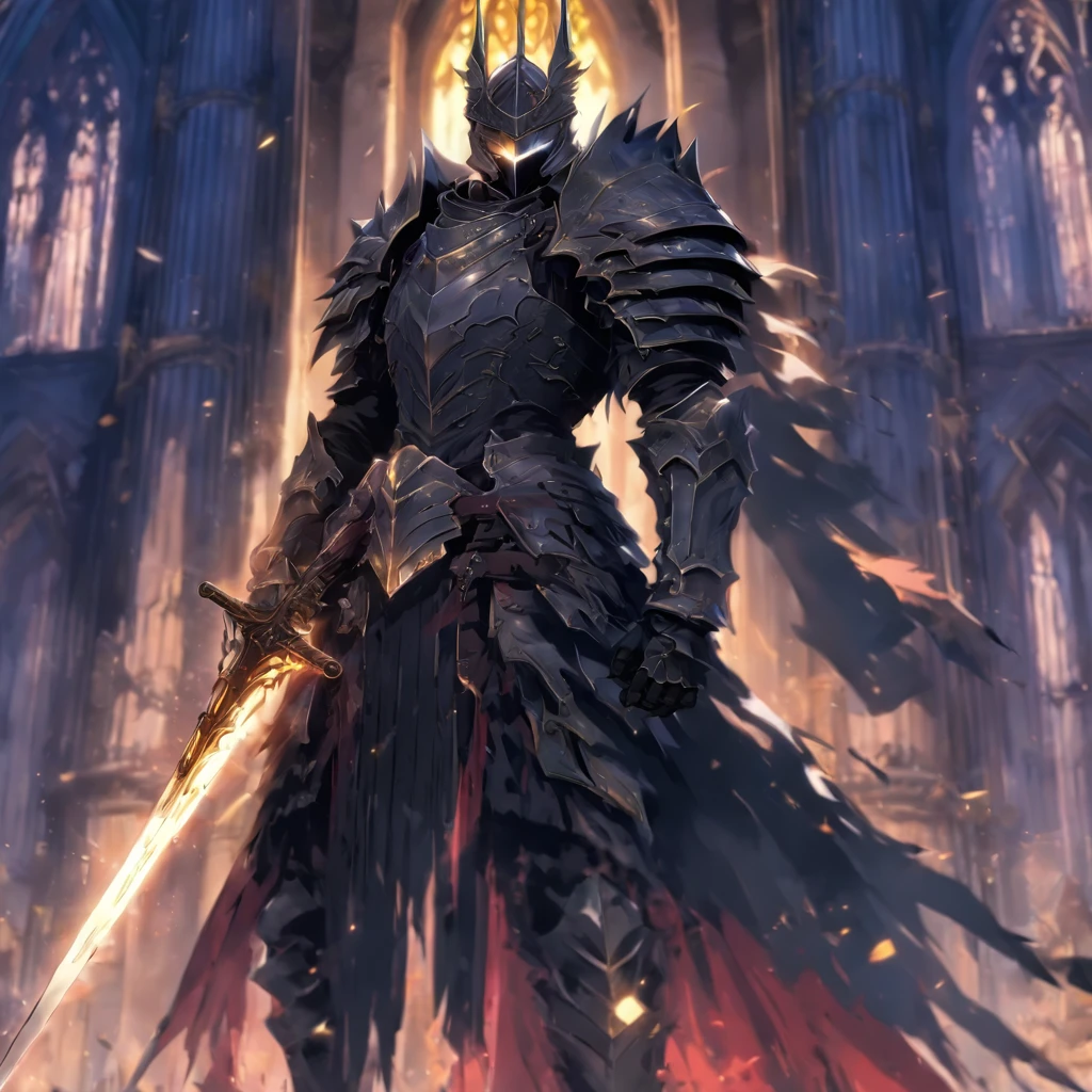 anime character with sword standing in front of a building, fallen knight, from arknights, gothic knight, evil knight, the style of wlop, fantasy knight, knight, royal emperor, dark souls knight, off-white plated armor, wearing heavy armor with cape, black heavy armor with gold trim, smooth anime cg art, artorias, glowing sword