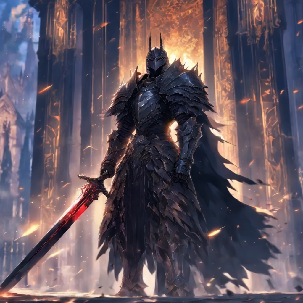 anime character with sword standing in front of a building, fallen knight, from arknights, gothic knight, evil knight, the style of wlop, fantasy knight, knight, royal emperor, dark souls knight, off-white plated armor, wearing heavy armor with cape, black heavy armor with gold trim, smooth anime cg art, artorias, glowing sword