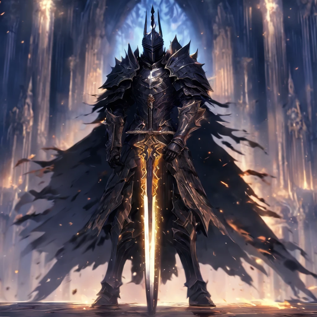 anime character with sword standing in front of a building, fallen knight, from arknights, gothic knight, evil knight, the style of wlop, fantasy knight, knight, royal emperor, dark souls knight, off-white plated armor, wearing heavy armor with cape, black heavy armor with gold trim, smooth anime cg art, artorias, glowing sword