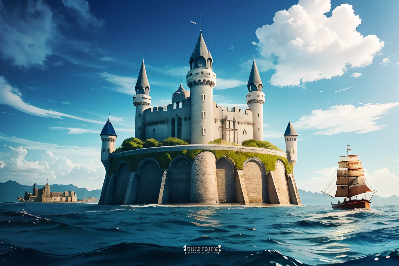 A fantastic clastle floating in middle of the sea, on water, blue sky, deep water, fortress, surreal image, beautiful architecture, tall buildings, cinematic view